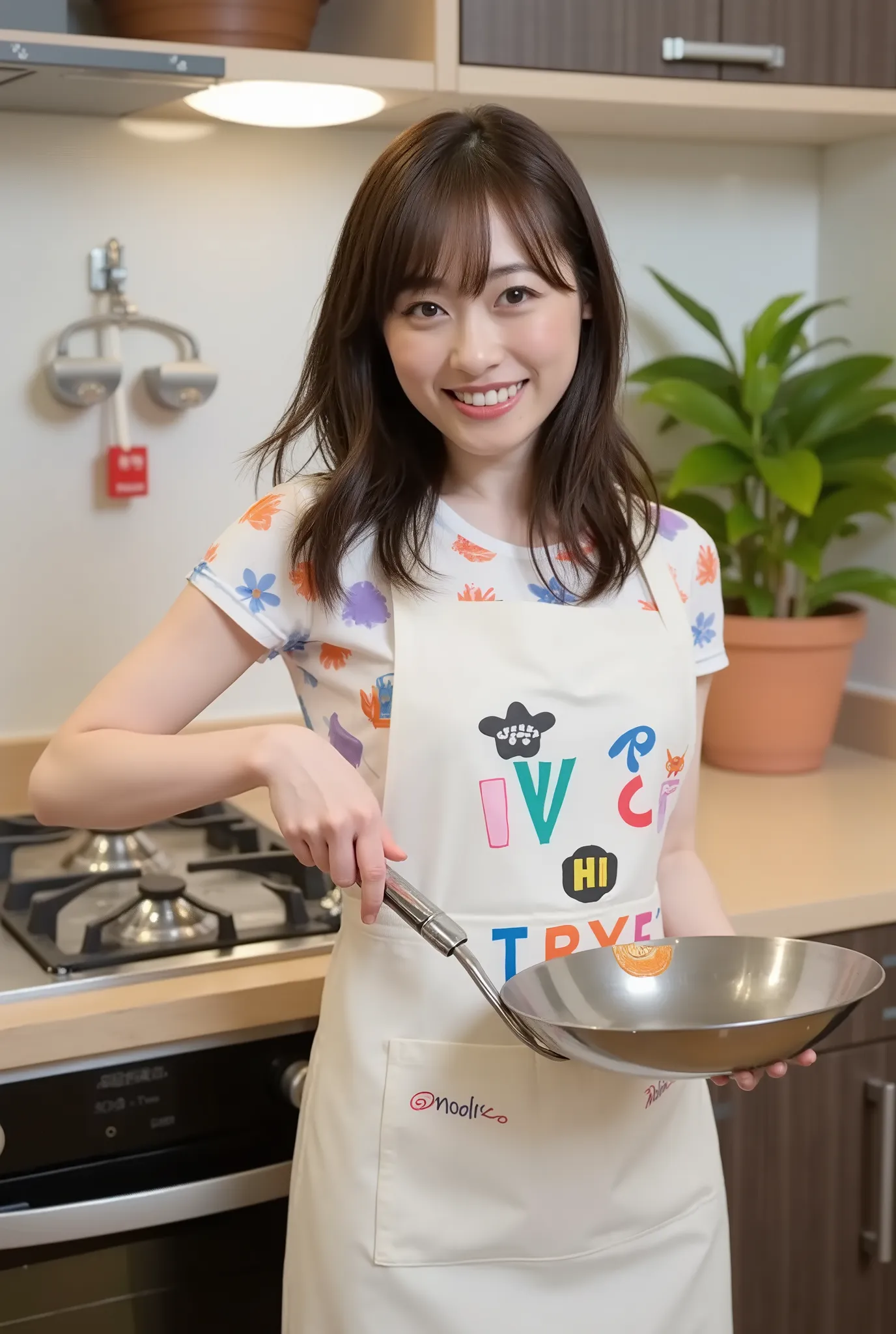 Create a stunning portrait of a beautiful Japanese female singer. She has a slim physique, medium-sized chest, and slender legs. Her medium-length hair is styled elegantly, and she wears a cute designed apron. The background features a cooking show set wit...