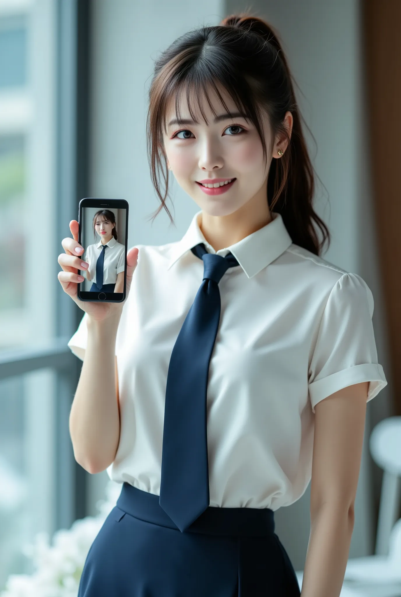 A woman showing her iPhone screen, inserting this image into the iPhone screen,((Sexy beautiful Japanese woman,wearing a white short-sleeved shirts, navy blue tie, navy blue pencil skirt, Black patent high heels, beautiful hip-line, Beautiful thighs:1.5),b...