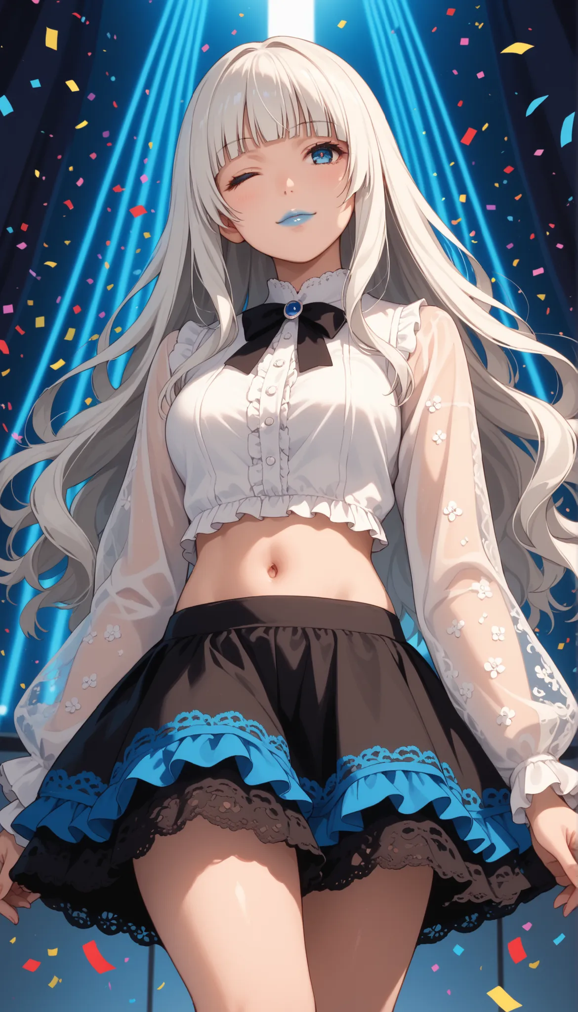 Score_9, score_8_up, score_7_up, score_6_up, source_anime, rating:general, 1girl, kirari momobami, white hair, long flowing hair, hime cut, blunt bangs, blue eyes, Sanpaku eyes, pale skin, round face, cute face, slender build, medium sized breasts, thick t...