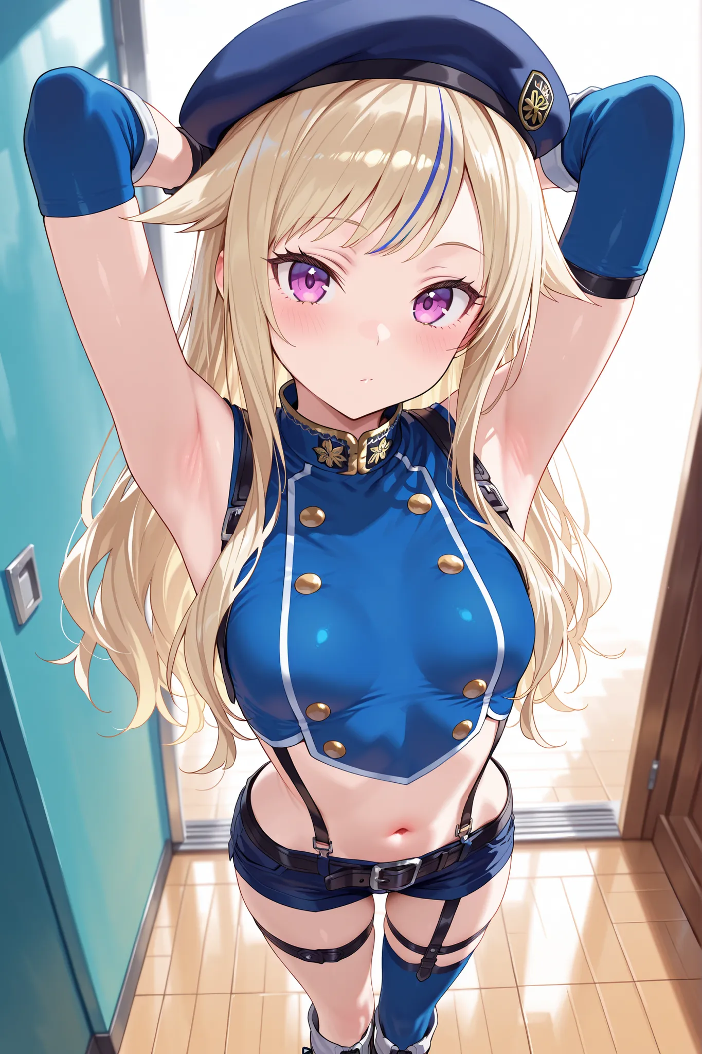 solo,masterpiece,best quality, amazing quality, highres, absurdres, very aesthetic, high resolution, ultra detailed, perfect details,suzuki hina, blonde hair, long hair, streaked hair, hair flaps, purple eyes, skinny, small breasts, hat, beret, blue thighh...