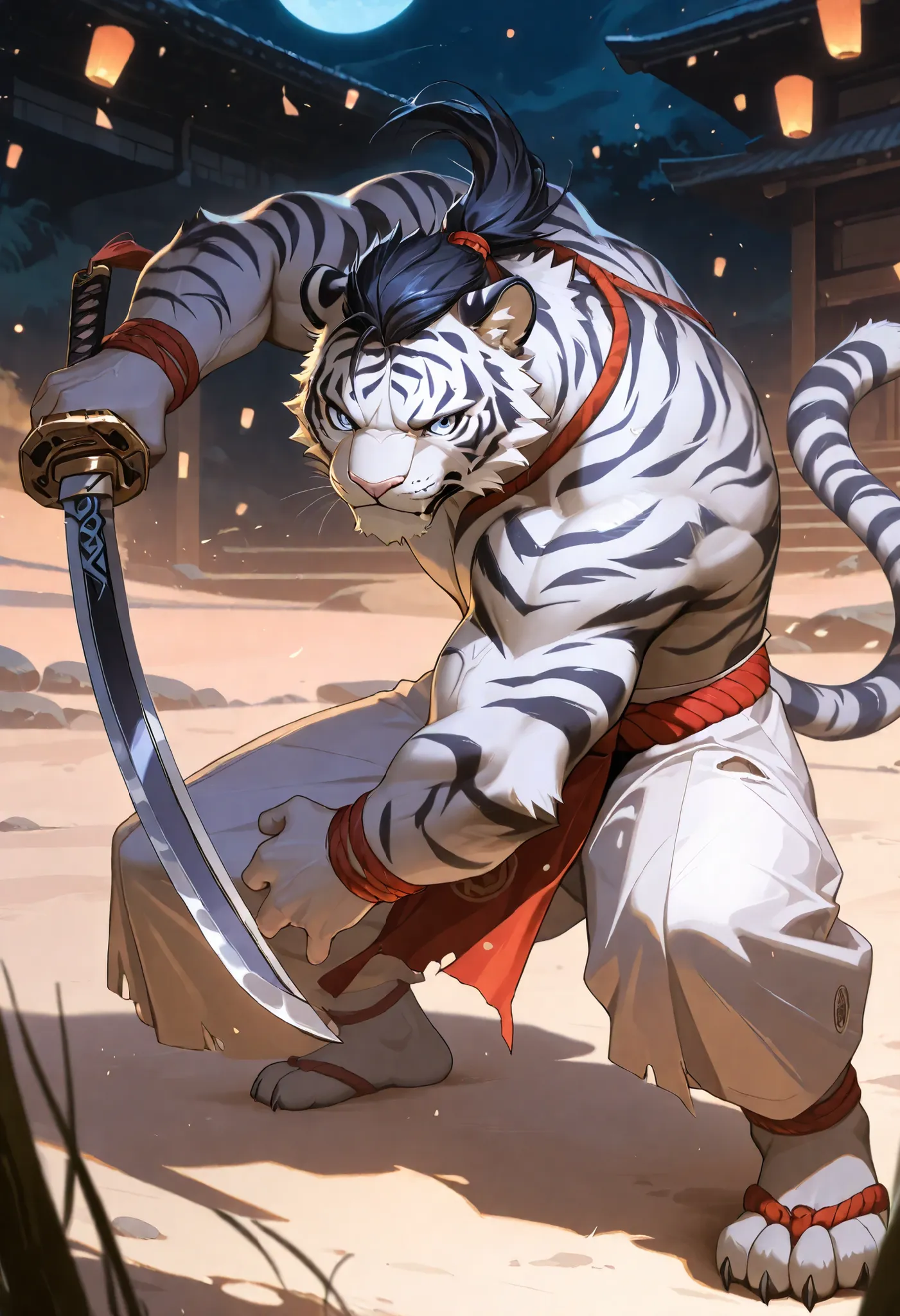 Best quality, masterpiece,ultra high res,detailed background,realistic, real shadow and light,depth of field, looking at the viewer, strong arm and veins, commission for high res, anthropomorphi there's a white tiger furry, white tiger, aggressive face, to...