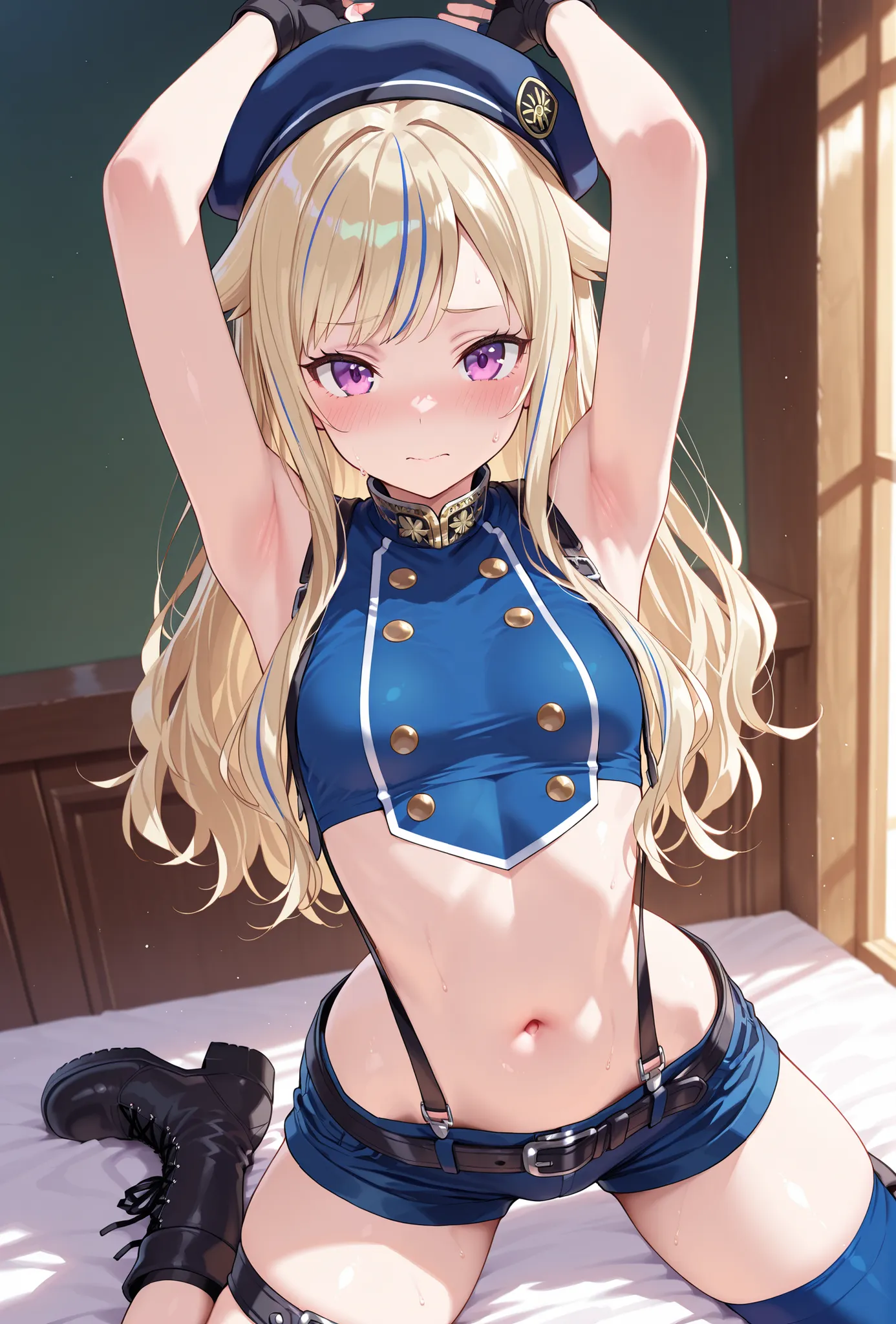solo,masterpiece,best quality, amazing quality, highres, absurdres, very aesthetic, high resolution, ultra detailed, perfect details,suzuki hina, blonde hair, long hair, streaked hair, hair flaps, purple eyes, skinny, small breasts, hat, beret, blue thighh...