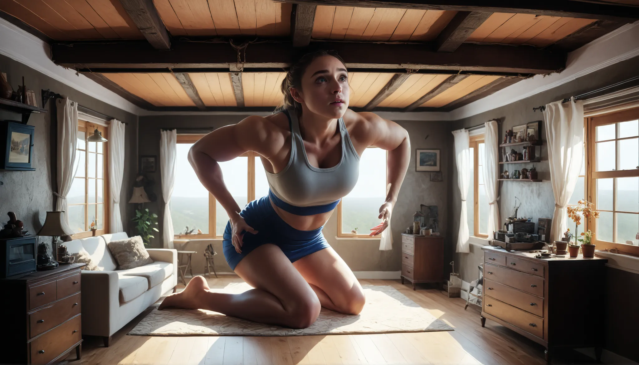 one Giantess young girl is huge like ceiling, barely fit inside, squeezed by walls all around, stock, laying and trapped in the small house, photorealistic, 8K, ultra-detailed, physically-based rendering, masterpiece, cinematic lighting, intricate details,...