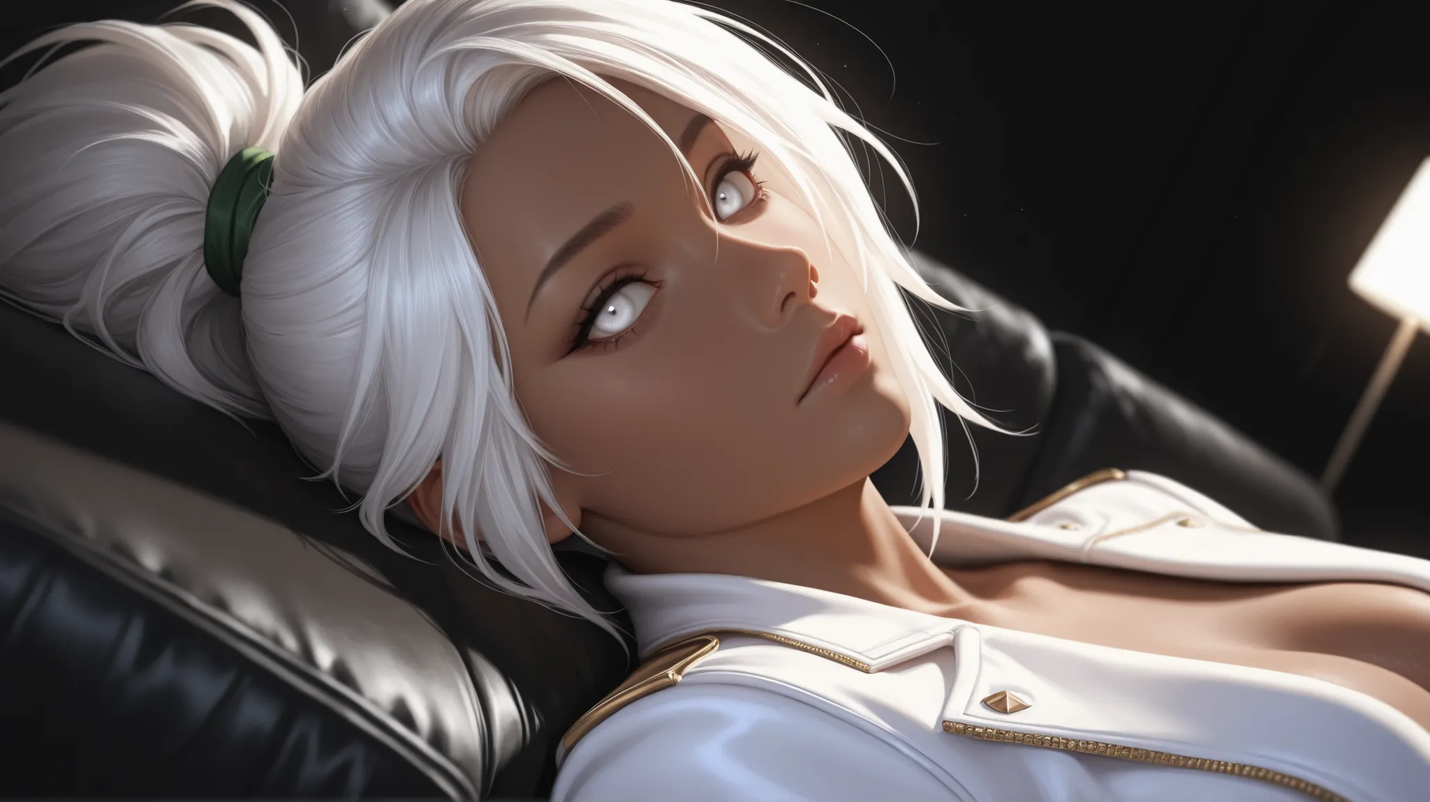 Akali, white hair, white jacket, white eyes, lying on the black sofa, seen from the top angle, detailed character portrait, ultra-detailed, photorealistic, dramatic lighting, moody atmosphere, dark tone, dramatic colors, dark background, intricate details,...