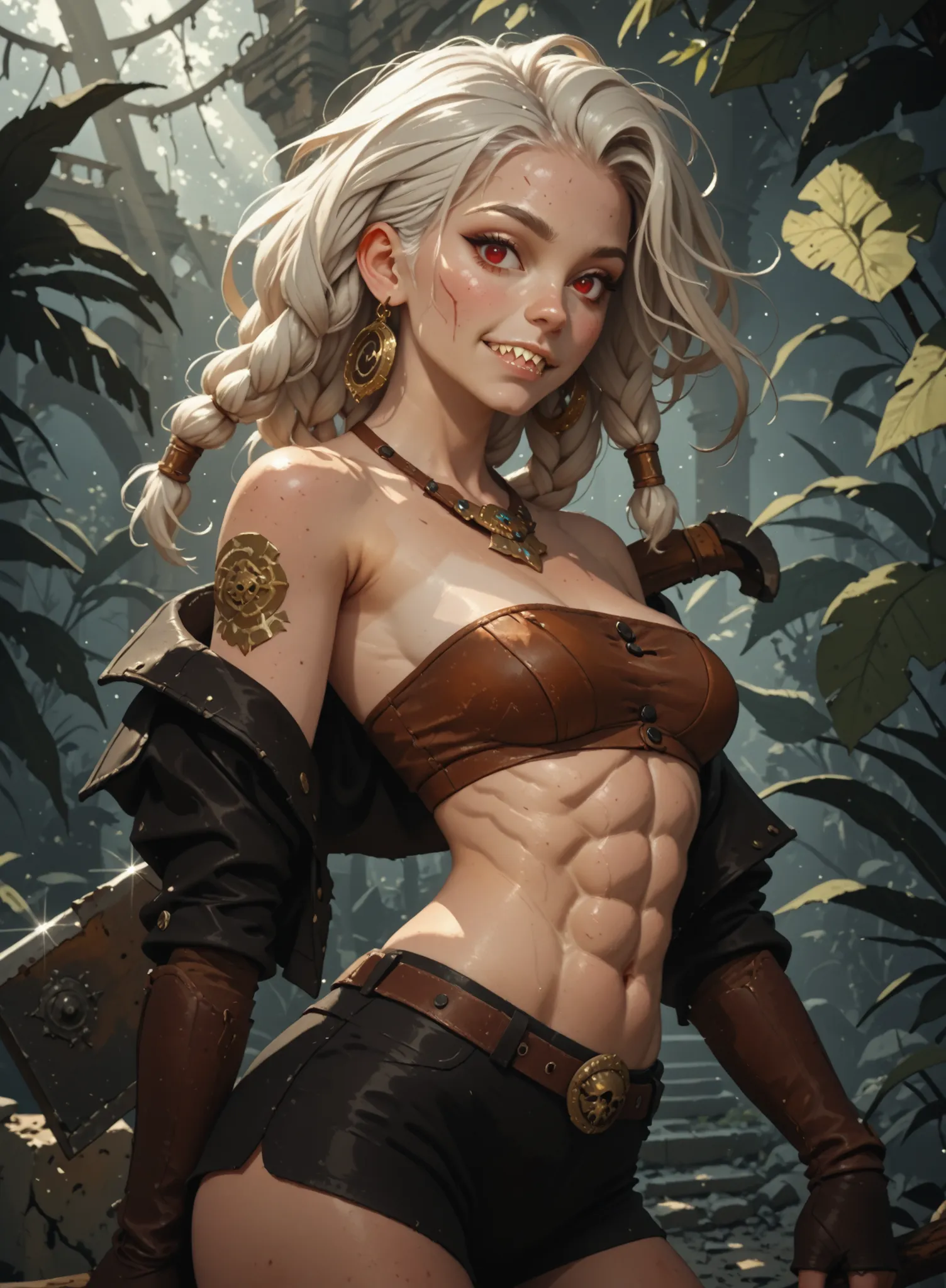 Quizzical expression on her face. Slender body. White skin. Cute 18-year-old Asian girl with Asian red eyes and sharp teeth and dreadlocks with white highlights. She has a cute and beautiful face. She has a round and young face with a pointy chin. Her body...