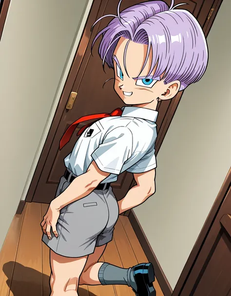 cover, cute expressive face, Trunks (dragon ball)-1 male focus, purple_Trunks (dragon ball)_hair, blue_Trunks (dragon ball)_eyes, looking at viewer, shiny skin, hands in butt, formal white shirt, red school tie, grey school tight shorts, grey knee sock school, black school shoes, naughty smile, flat chest, slim, nice butt, alternative costume, indoors, shadow, dynamic angle, dynamic action, from one side, atmospheric perspective, intricately detailed, depth of field, masterpiece, best quality, amazing quality, very aesthetic, absurd, newest, wide awake
