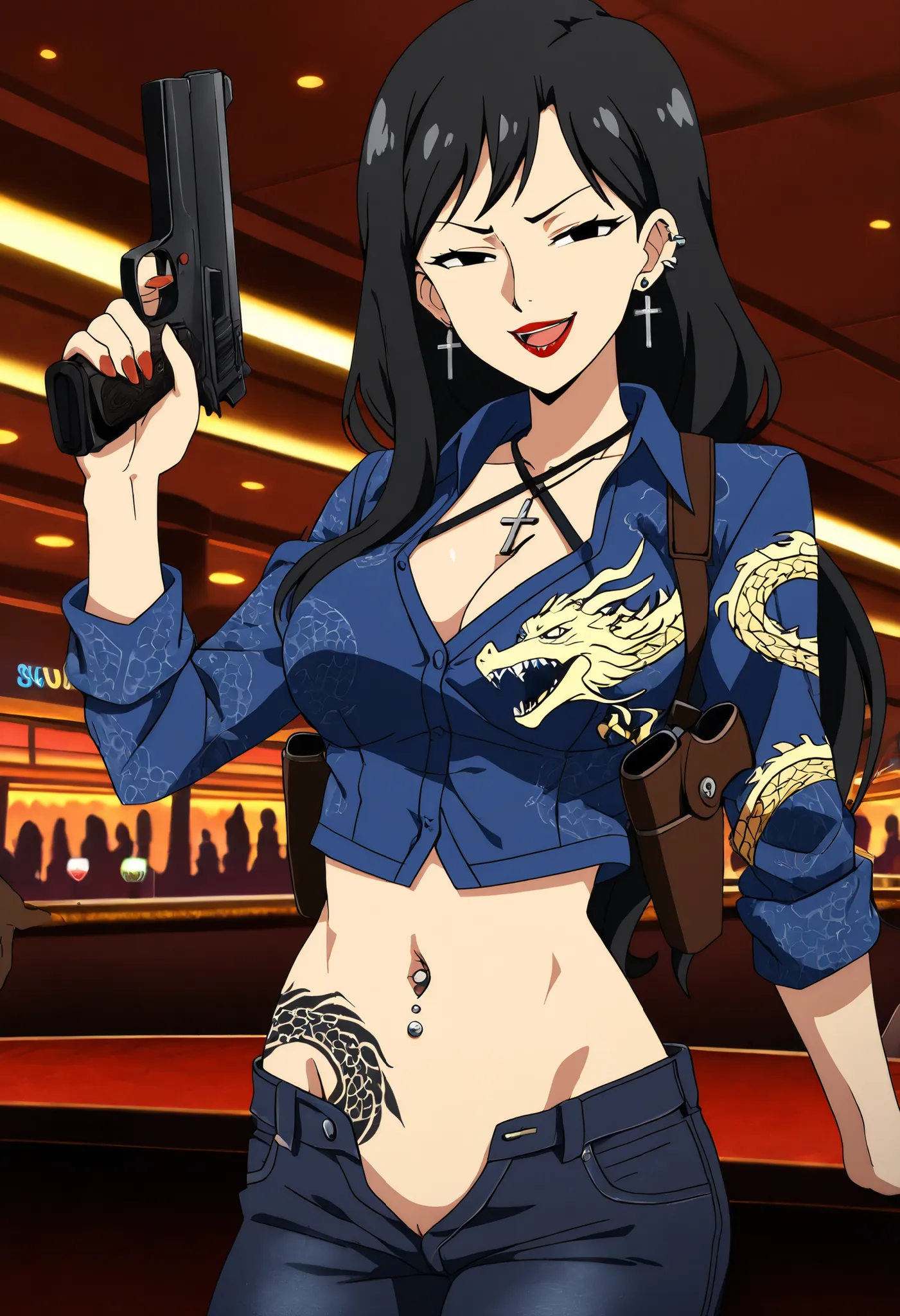 SayoLOR, tattoo on body, black hair, black eyes,  long hair, earrings, red lips, mature female, cross necklace,, , ear piercing, long hair, , lipstick,Hot girl, baddie, sensual, attractive, , bar background, inside bar, indoors, cityscape, casino, nightclu...