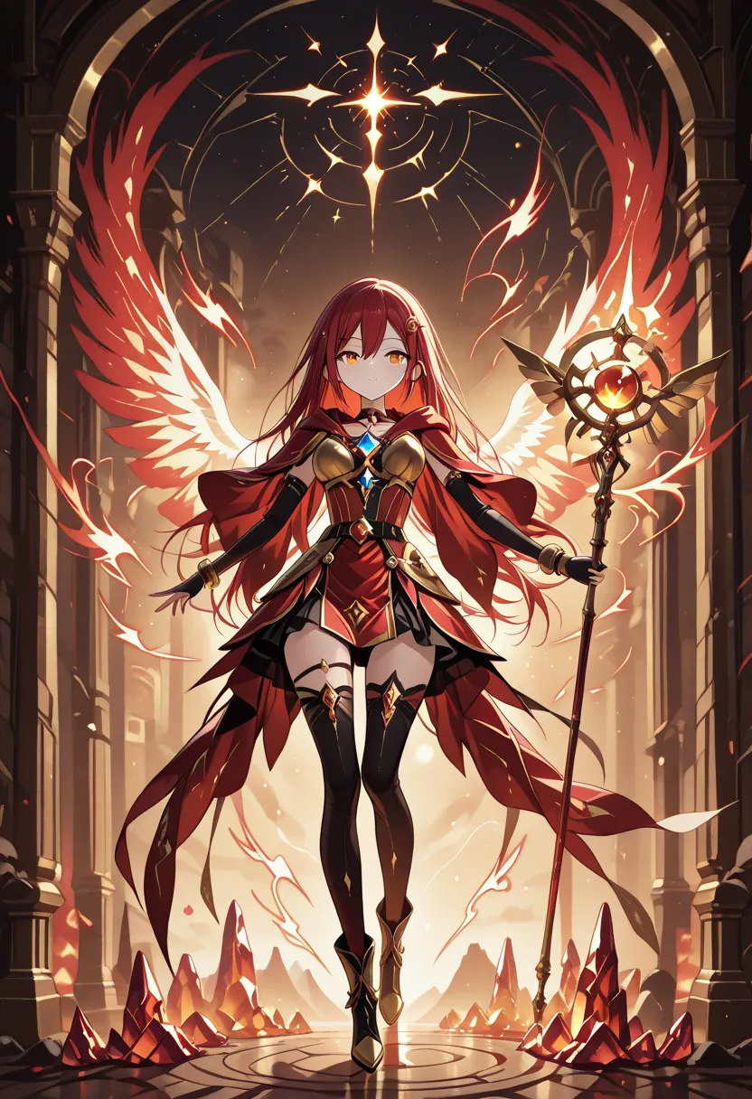 , ((anime coloring:1.5)) , ,ruined crystal temple, holding staff with blue gem, body length wooden staff, leaning forward, streched one arm and casting spell, glowing magic shield in front of the girl mage's hand, see-through energy shield, glowing rune on energy shield, Energy Track, ray tracing, full body, very long and shiny silver hair, 
1 girl , golden eyes , very long hair , long sidelocks, red hair , petite , very cute , beautiful ,Straight hair, cool, handsome, hair between eyes, mediumlarge breast,
  red mage, robe, belt with gem and embroider beads, hood off, print cape with magic rune, shiny hair ornament,   earrings, ring with gem, bracelet with gem, blush, x hairpin, shiny gem ornament, hairclip,    choker with shiny gem,  heart o-ring, absurdly long hair,    bangs, boots, thighhigh stocking,

 free pose, delicate skin texture, fair skin, delicate face, long eyelashes, pastels, bright tones, wind, light particles, light, bright tones, , , motion lines, extremely detailed, intricate, delicate details, movie lighting, very beautiful, absurd, dynamic graphics, dynamic angles, special movements, dynamic poses, action poses, dynamic movements, (Illustration: 1.2), (8K Wallpaper), (Beautiful, pretty eyes: 1.2), Delicate eyes, beautiful, soft colors.,

score_9, score_8_up, score_7_up, source_anime,  ,748cmstyle,clear line, highquality, best quality, Masterpeace, ,project sekai; soft; pastel; colorful; detailed; details; masterpiece; high quality; best quality; ultra details; amazing; stunning; illustration,748cmstyle, 