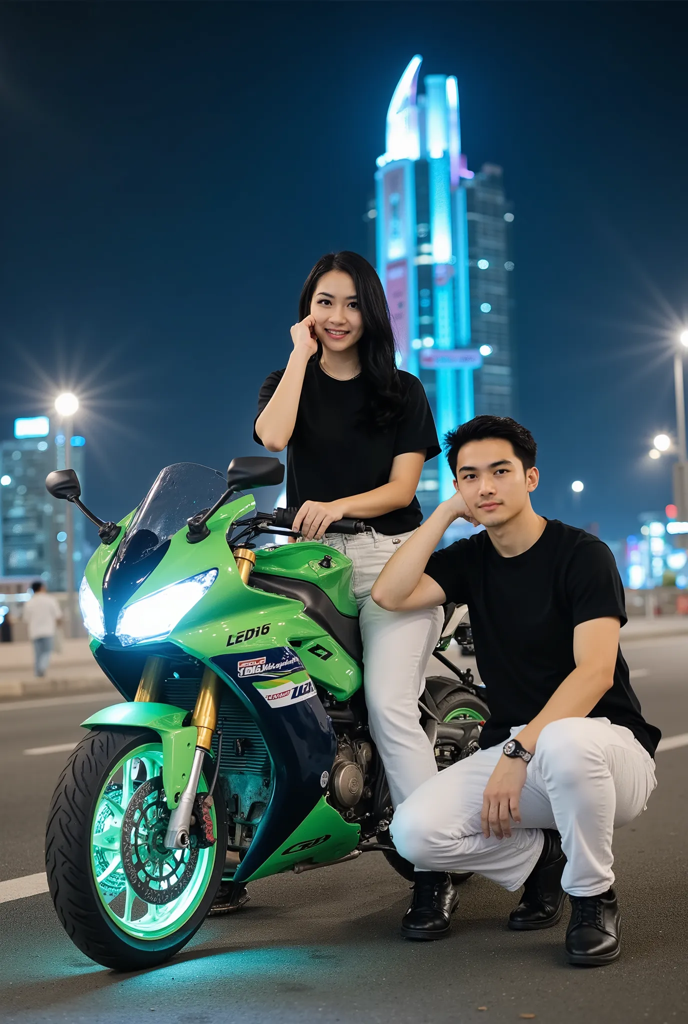Couple.Beautiful korean girl long hair black wave, wearing a black t-shirt switer faded white jeans black high shoes, sits on a 5000cc CB motorcycle color green color all around the motor body lights futuristic neon colorful colors including the headlights...