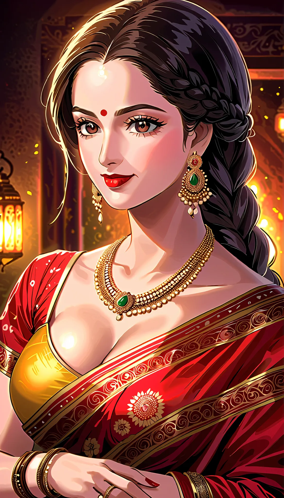 a mature woman , single hair braid, detailed alluring eyes, smooth detailed lips, beautiful face, smiling, red lipstick, navel, bangles, saggy breasts, small cleavage, beautiful floral white saree with intricate patterns, big long jhumka earrings, ),HDR,UH...