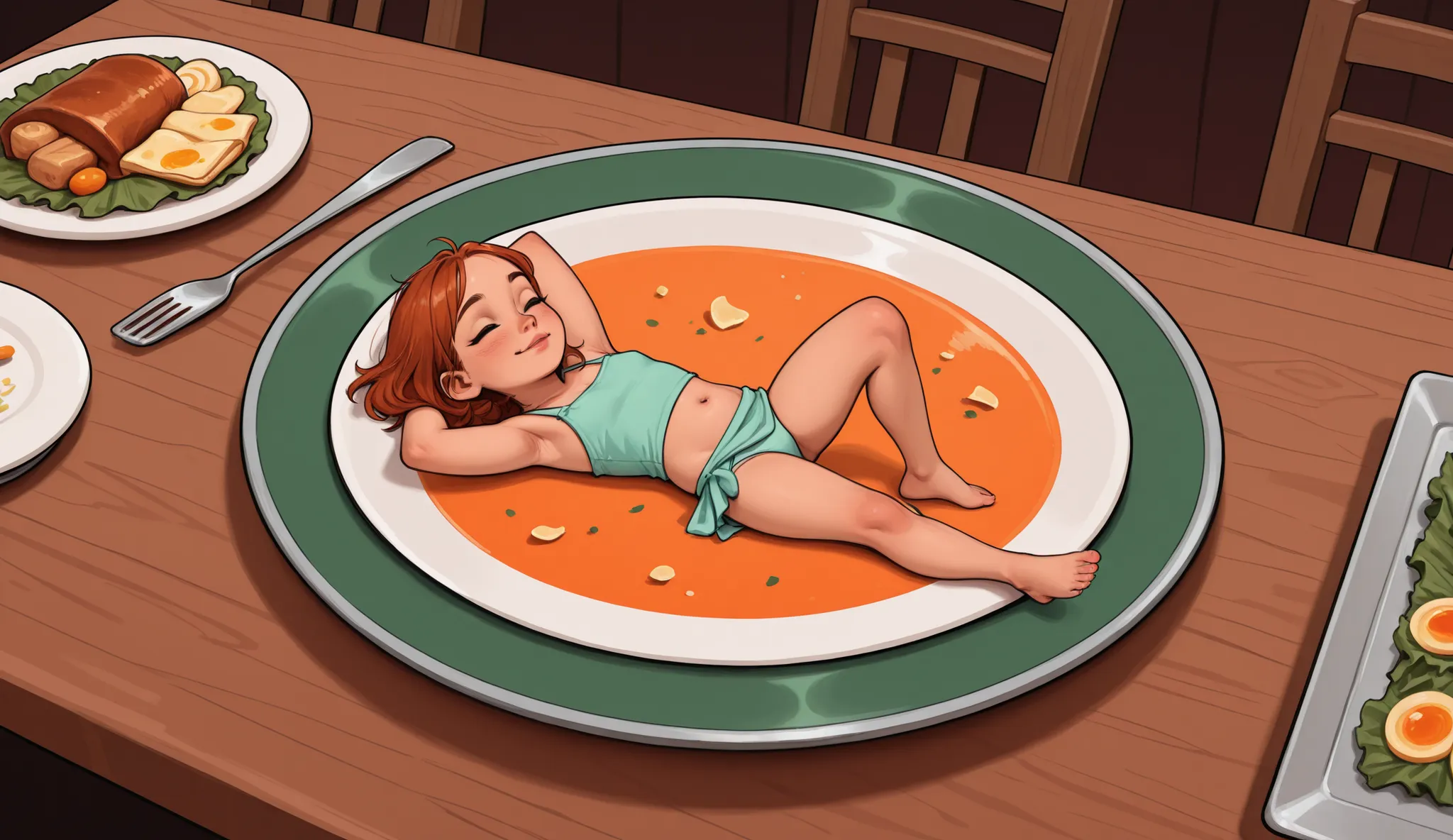 Small girl served up for dinner, gynophagia, lying on a platter, side dishes, dining table, 1 small girl