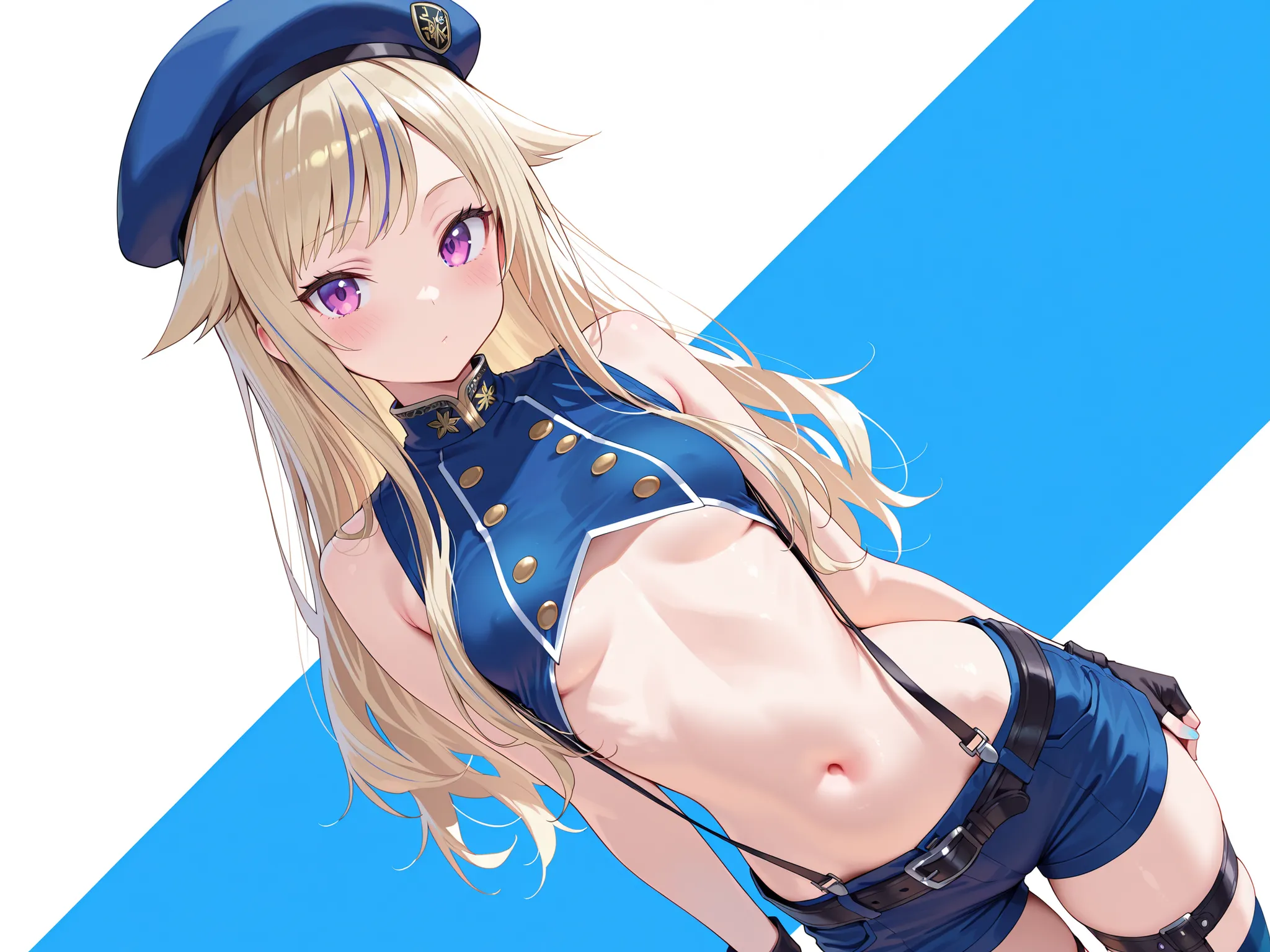 solo,masterpiece,best quality, amazing quality, highres, absurdres, very aesthetic, high resolution, ultra detailed, perfect details,suzuki hina, blonde hair, long hair, streaked hair, hair flaps, purple eyes, skinny, small breasts, hat, beret, blue thighh...