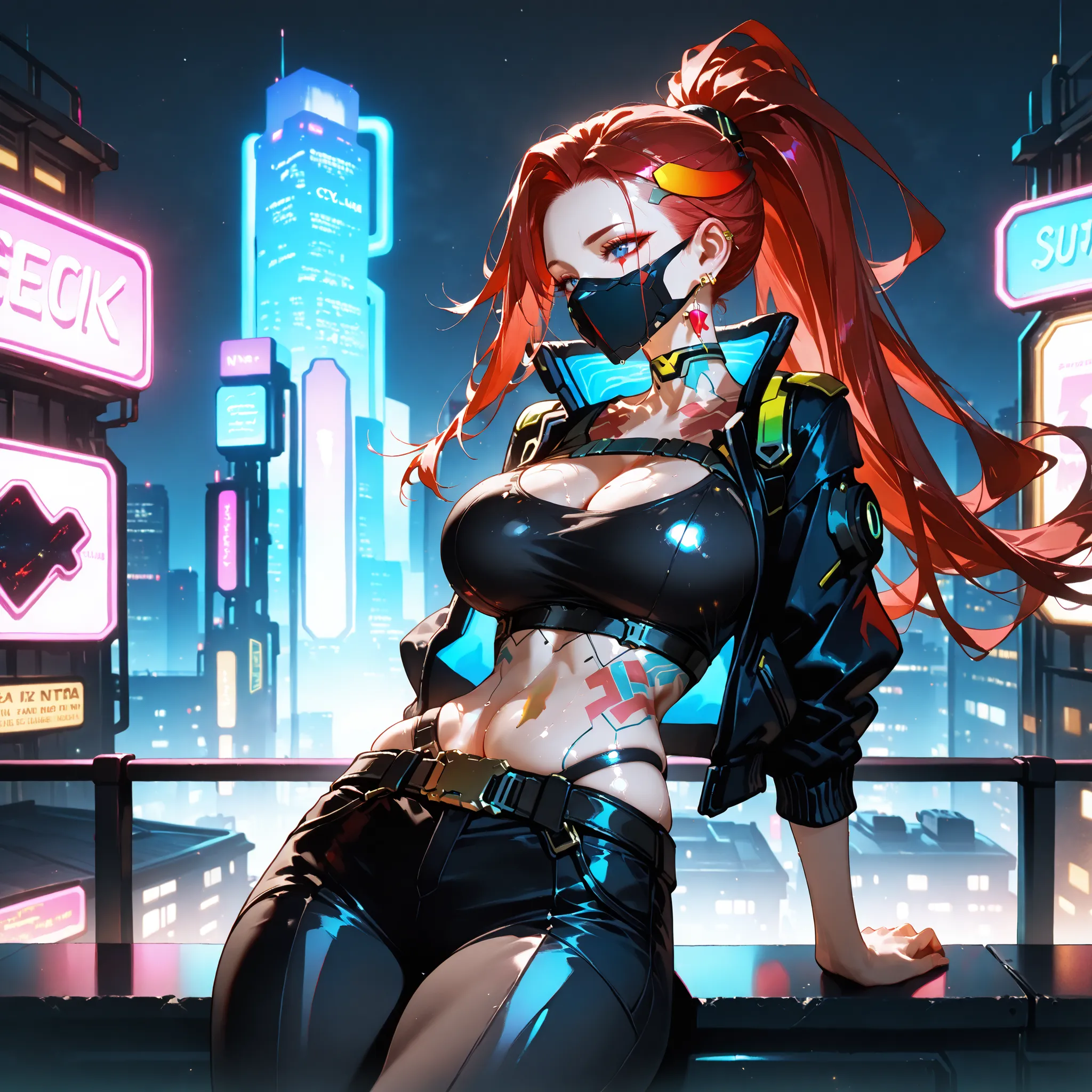 (SuperQuality:1.0) ~ (SuperQuality:1.2), detailxl, 1girl, Solo, High Resolution, Best Quality, High Details, Super Detailed, Cyberpunk City, Long Hair, ponytail hairstyle, Red Hair, Mask, Wearing mask, covering her whole face with a mask, neon mask, Large ...
