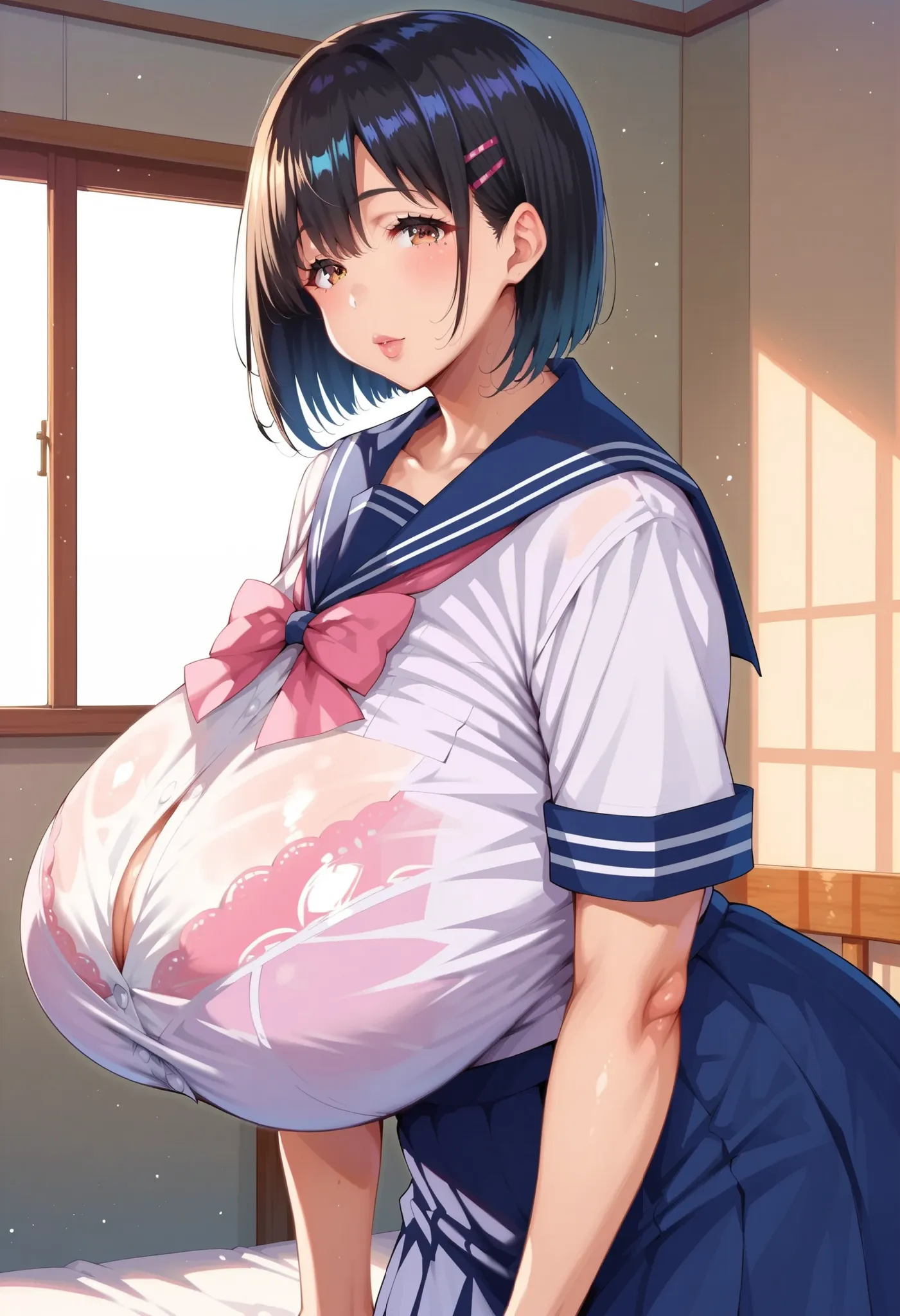 (masterpiece, details, Highest Quality, realistic, absurd:1.2), A high school girl with 12, Japanese woman, 1 high school girl, plump body type, Beautiful Character Designs, Plain face, (black hair, bob cut), big eyes, 美しくdetailsな目の描写, expressive eyes, bro...
