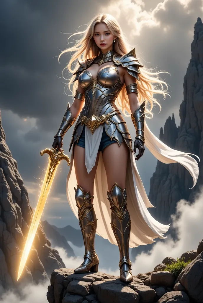 (best quality,4K,8k,high definition,masterpiece:1.2),Super Detail,(photo;1.3)、 ((full body):1.3), ((detailed eyes):1.3),((Fresh)), A woman in gladiator armor、blonde hair、standing on a cliff、((Hold the large sword high in the sky:1.5)、((The great sword shines brightly in gold:1.5)、((Multiple lightning from the sky gathers on a large sword:1.5))、、Highlight the large sword、gold hair accessories、Beautiful Abs, emphasizes light,A ray of light in the dark clouds、 Space of Shadow and Light