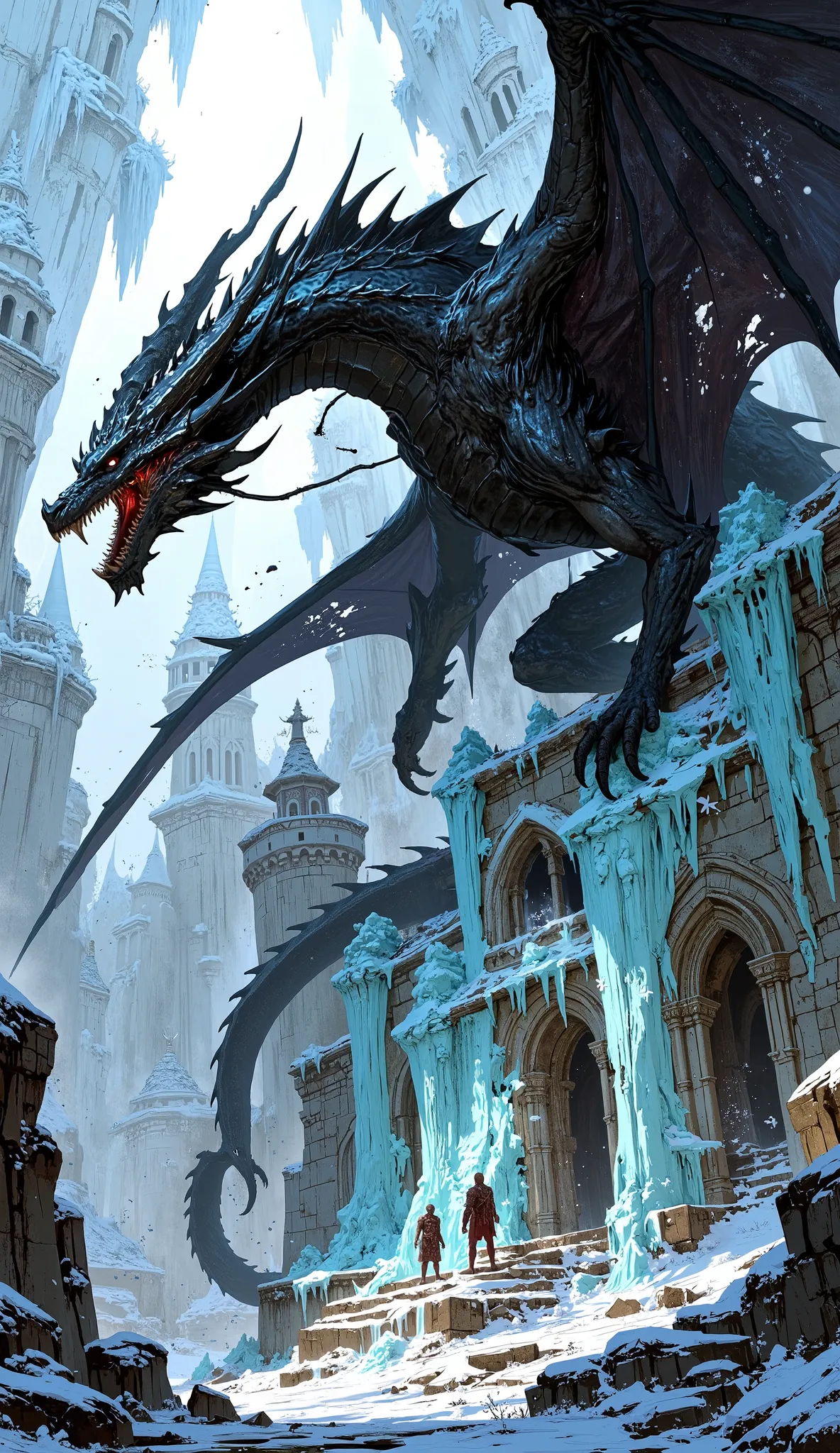 , (((black dragon))),Ancient Ice Castle Ruins,The front is surrounded by frozen rocks, Drawn in the style of Unreal Engine, Features complex architecture, dark tint, High contrast between light and dark, Freeze effect, cool lights, grand scale. ((intricate...