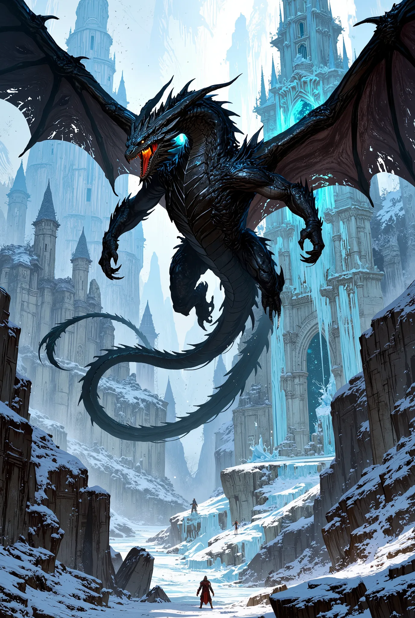 , (((black dragon))),Ancient Ice Castle Ruins,The front is surrounded by frozen rocks, Drawn in the style of Unreal Engine, Features complex architecture, dark tint, High contrast between light and dark, Freeze effect, cool lights, grand scale. ((intricate...