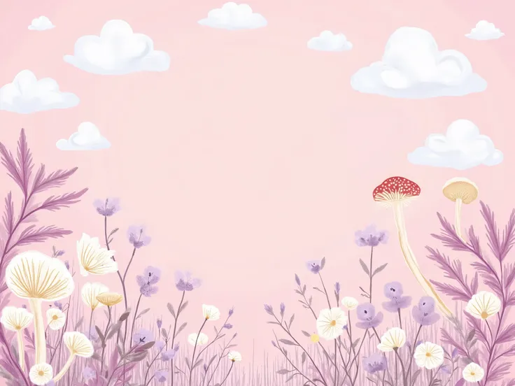 Create a baby shower invitation with enoki mushroom theme. Pink (primary) with white and purple color. With lot of  MUSHROOMS , cloud, tiny flowers. Color MUST BE pastels 