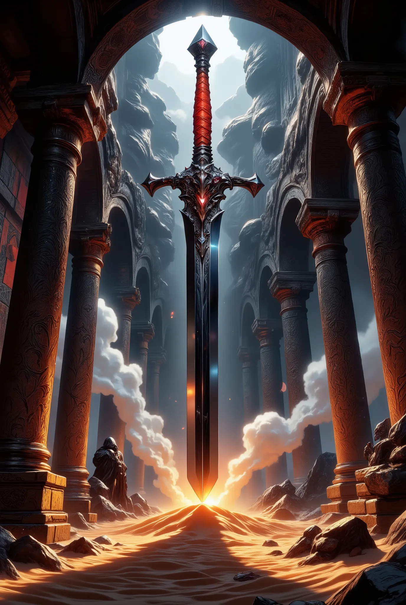 A poster in the style of Japanese manga with bright large fonts and graphics, made in Gothic style, which focuses on a unique precious two-handed sword, depicted from a spectacular angle. The massive claymore appears to be wrapped in an opaque cloud of san...
