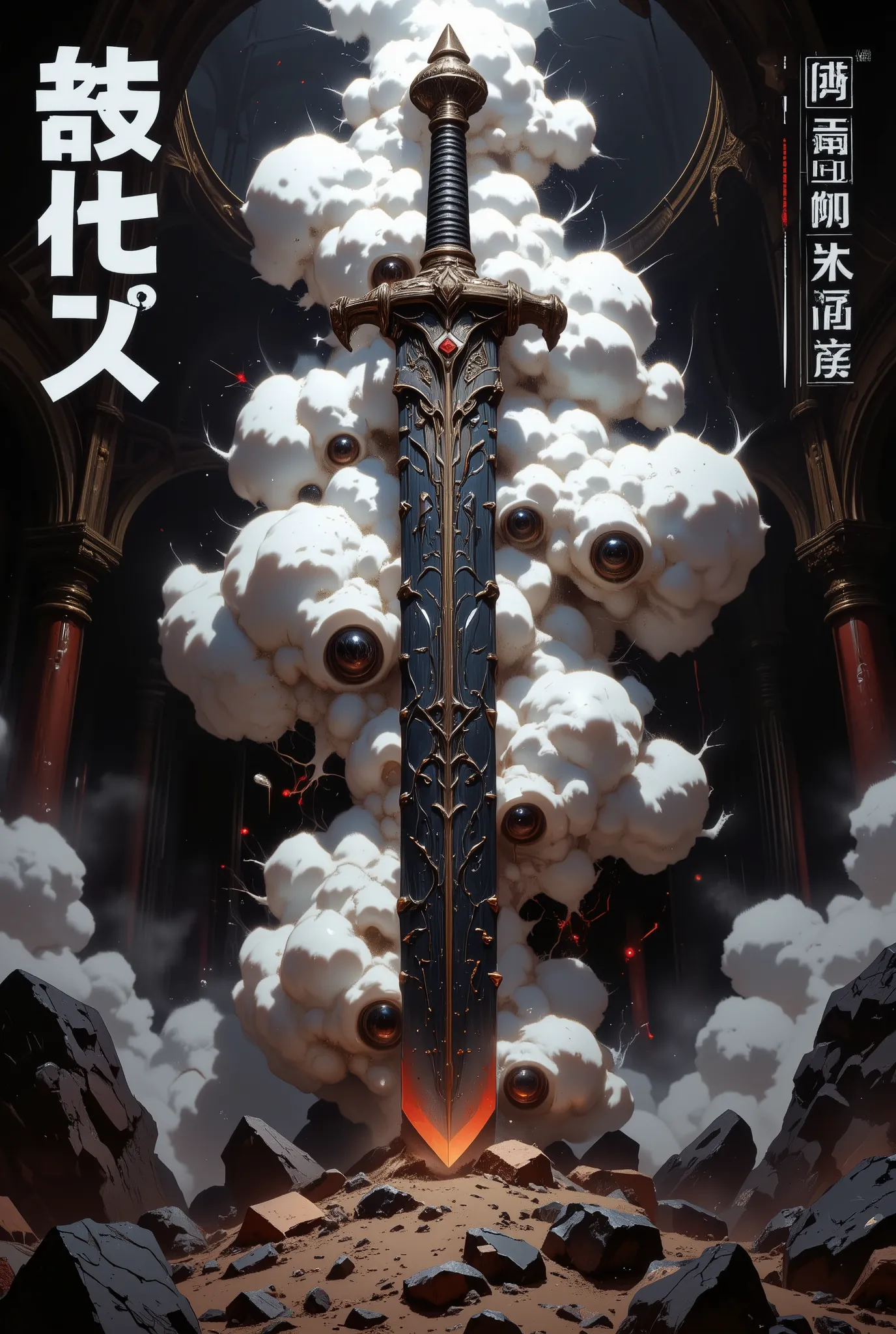 A poster in the style of Japanese manga with bright large fonts and graphics, made in Gothic style, which focuses on a unique precious two-handed sword, depicted from a spectacular angle. The massive claymore appears to be wrapped in an opaque cloud of san...
