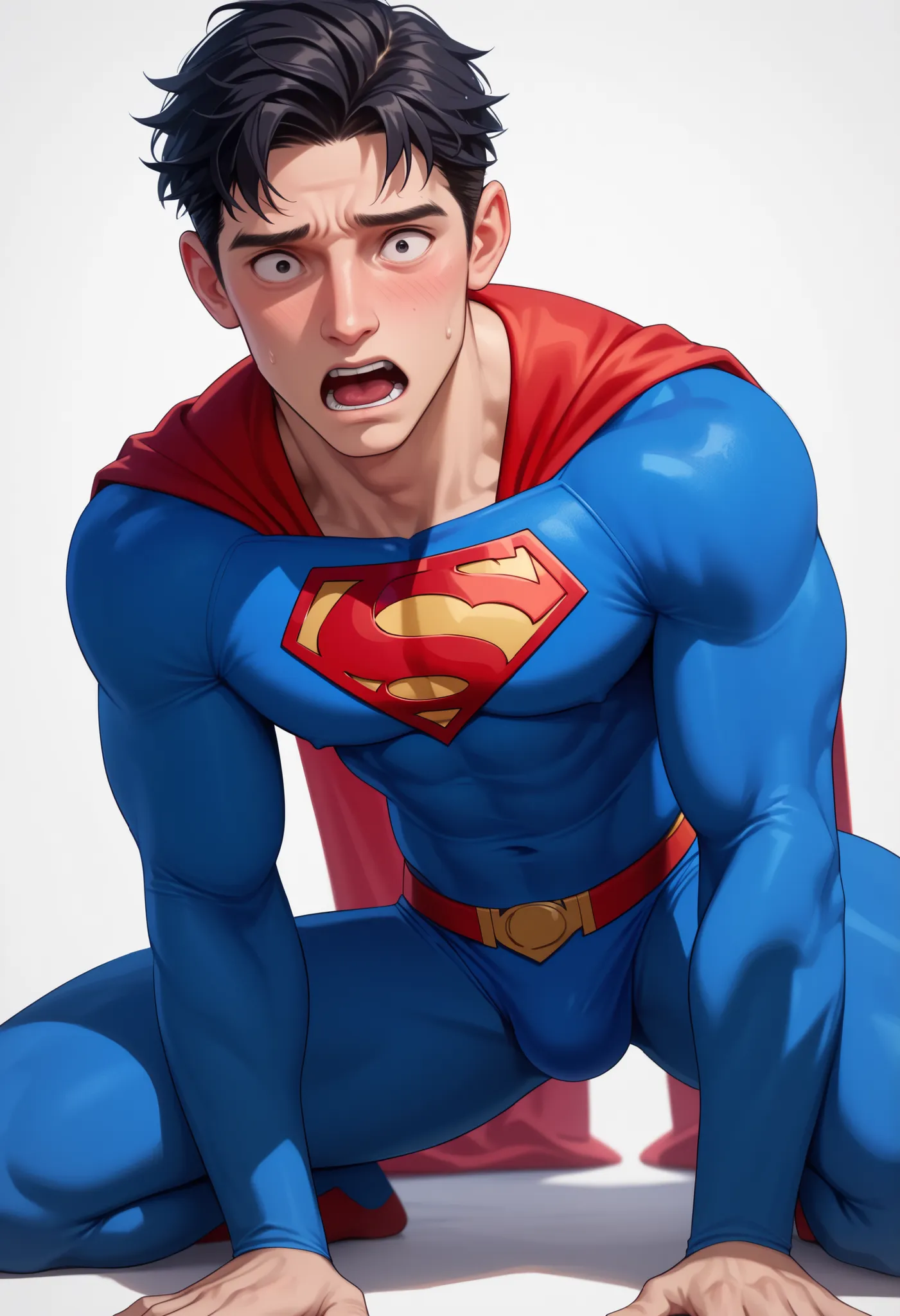 ((White background )) , rathing_questionable , solo MAN (1man) , 40 years old , black short hair , black EYES , ((Superman costume:1.2)) ,((very skinny:0.9)) Very shocked (((very thin:1.4))) Very shocked, Kneel on the floor ,((Very weak)) , very gaun...