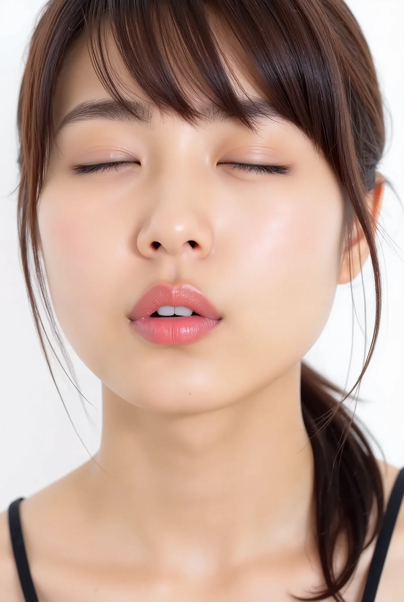Bust-up shot of a beautiful young Japanese woman in a black camisole, white studio background. She faces the camera with her full head visible, eyes gently closed. Her lips are tightly pursed into a deep kiss shape, glossy and glowing pink, protruding slig...