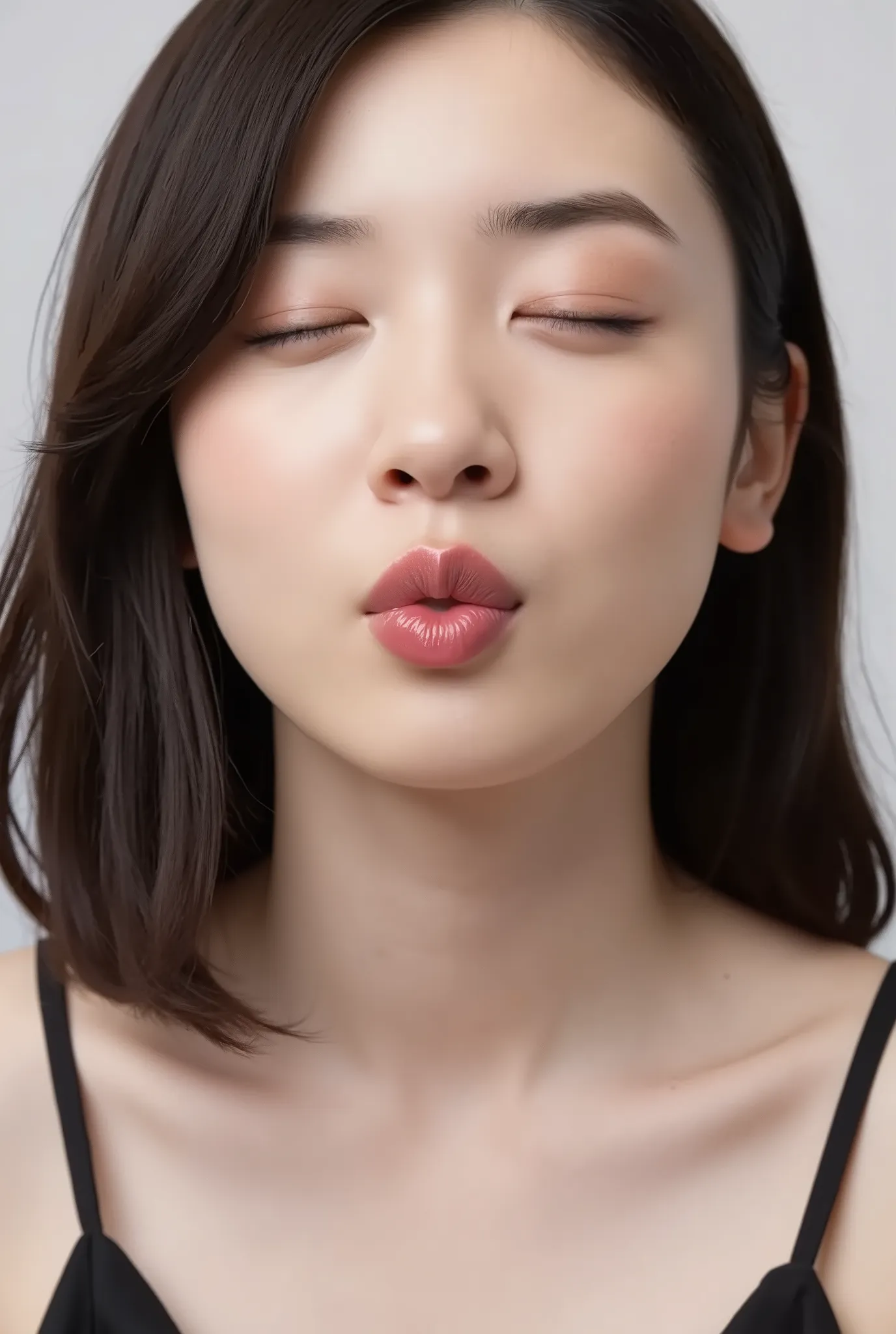 Bust-up shot of a beautiful young Japanese woman in a black camisole, white studio background. She faces the camera with her full head visible, eyes gently closed. Her lips are tightly pursed into a deep kiss shape, glossy and glowing pink, protruding slig...