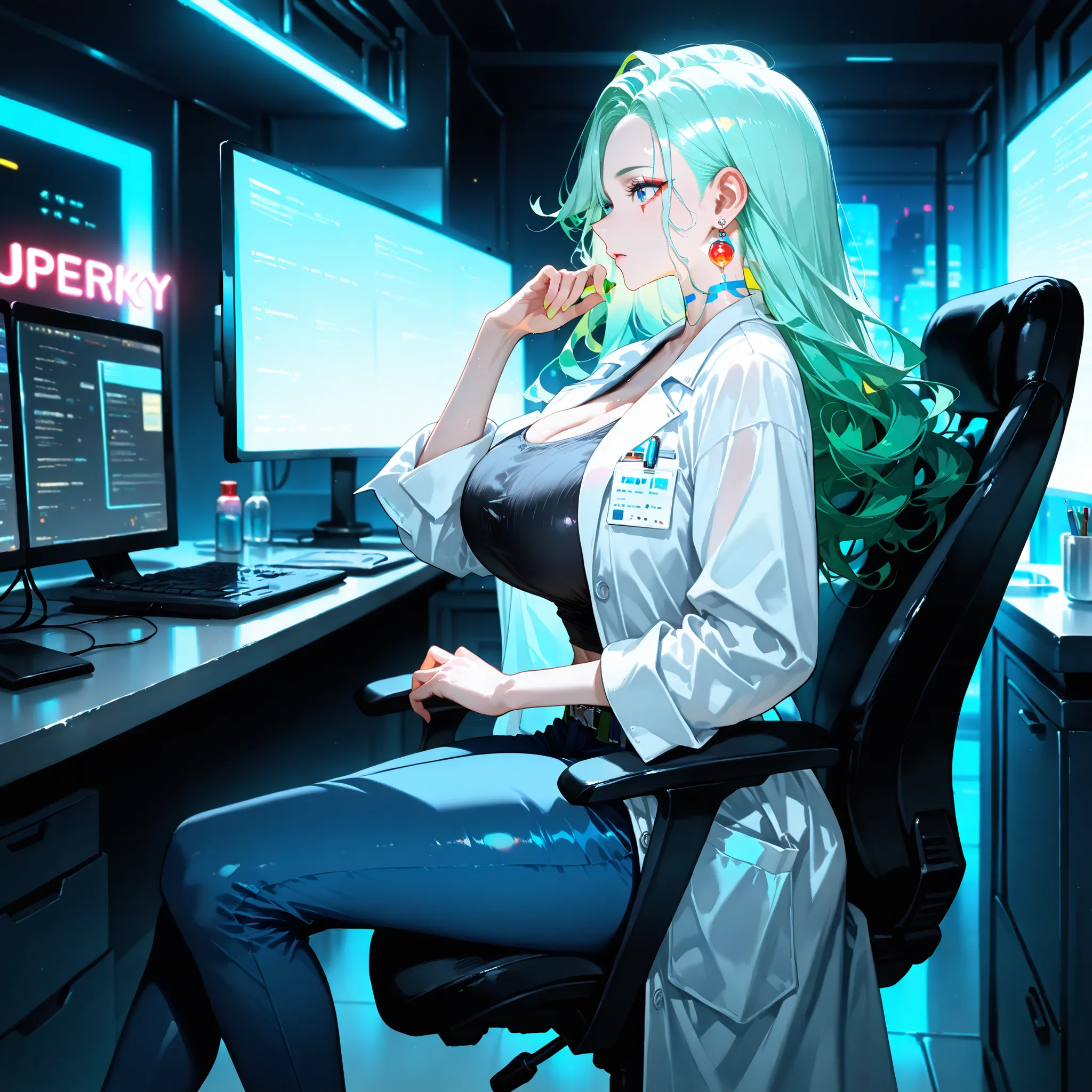 (SuperQuality:1.0) ~ (SuperQuality:1.2), detailxl, 1girl, Solo, High Resolution, Best Quality, High Details, Super Detailed, Cyberpunk City, scientist, Long Hair, Curly hair, Green Hair, blue eyes, Large breasts, Earrings, Long white lab coat, fascinated, ...