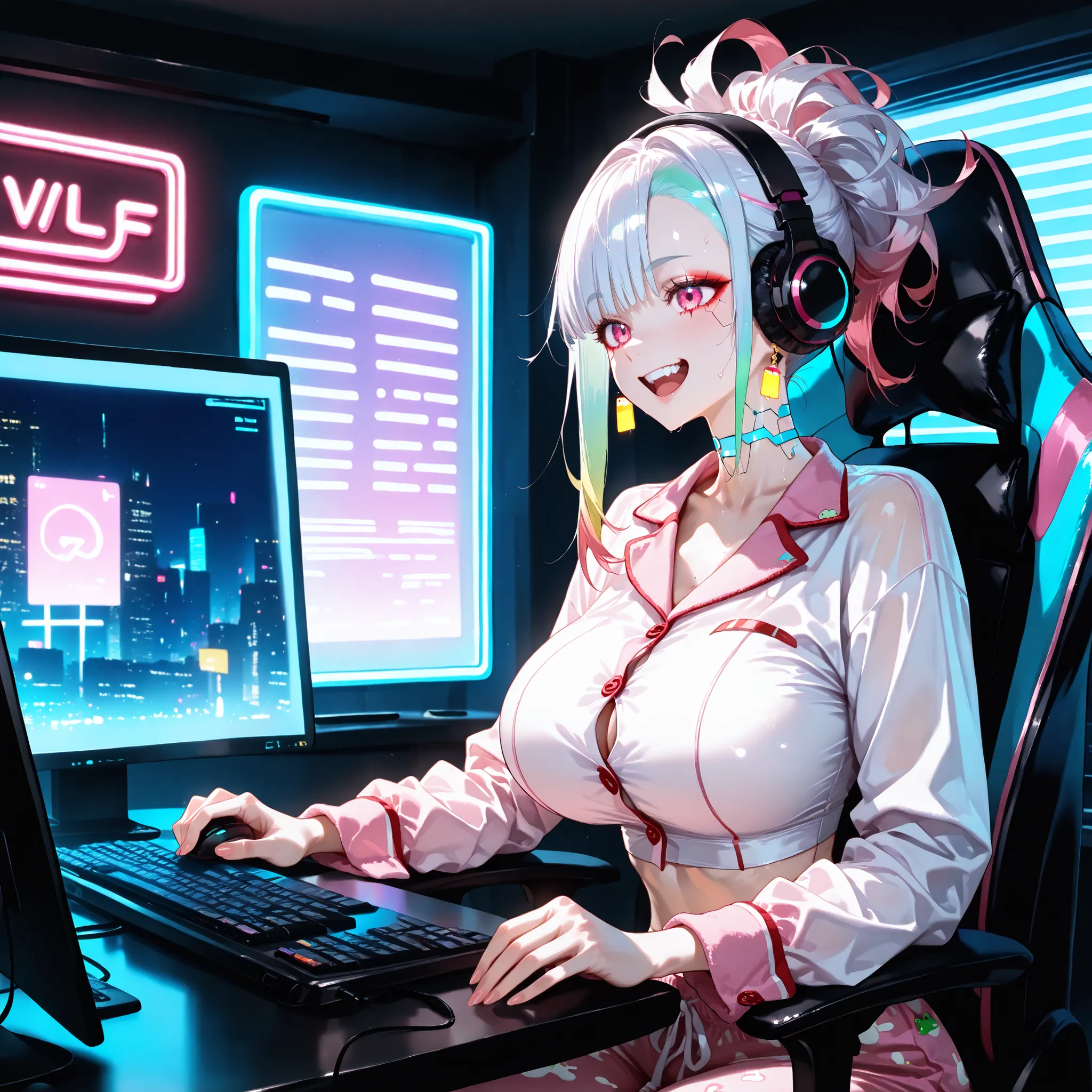 (SuperQuality:1.0) ~ (SuperQuality:1.2), detailxl, 1girl, Solo, High Resolution, Best Quality, High Details, Super Detailed, Cyberpunk City, gamer, Long Hair, pixie hairstyle, pink-pale Hair, pink eyes, Large breasts, Earrings, white crop top, pajamas, Fro...
