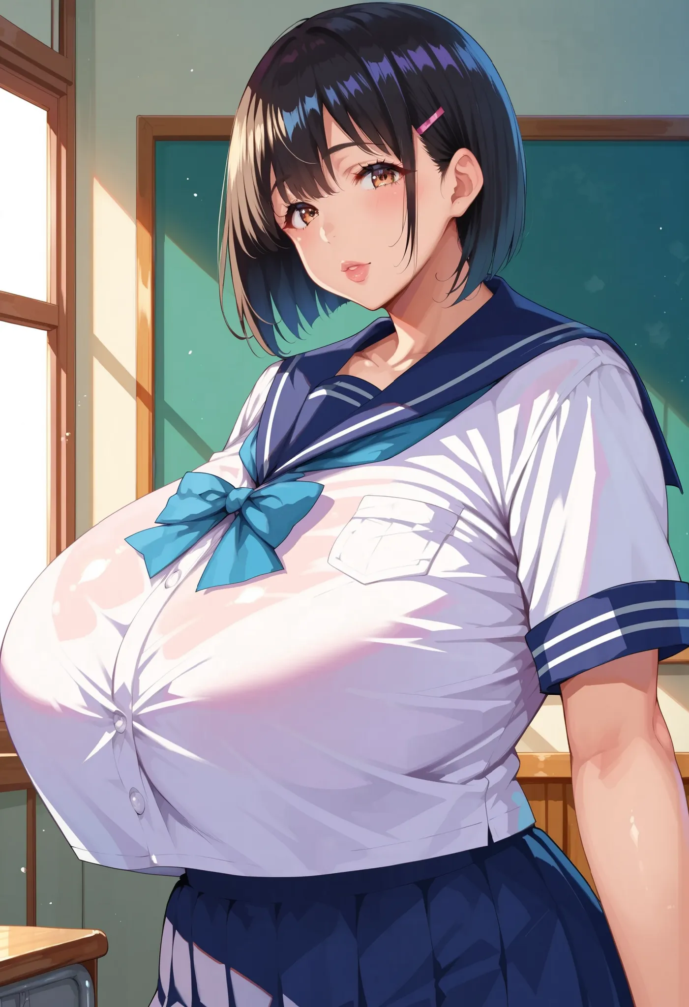 (masterpiece, details, Highest Quality, 8K, realistic, absurd:1.2), A high school girl with 12, Japanese woman, 1 high school girl, plump body type, Beautiful Character Designs, Plain face, (black hair, bob cut), (big eyes:1.1), 美しくdetailsな目の描写, expressive...