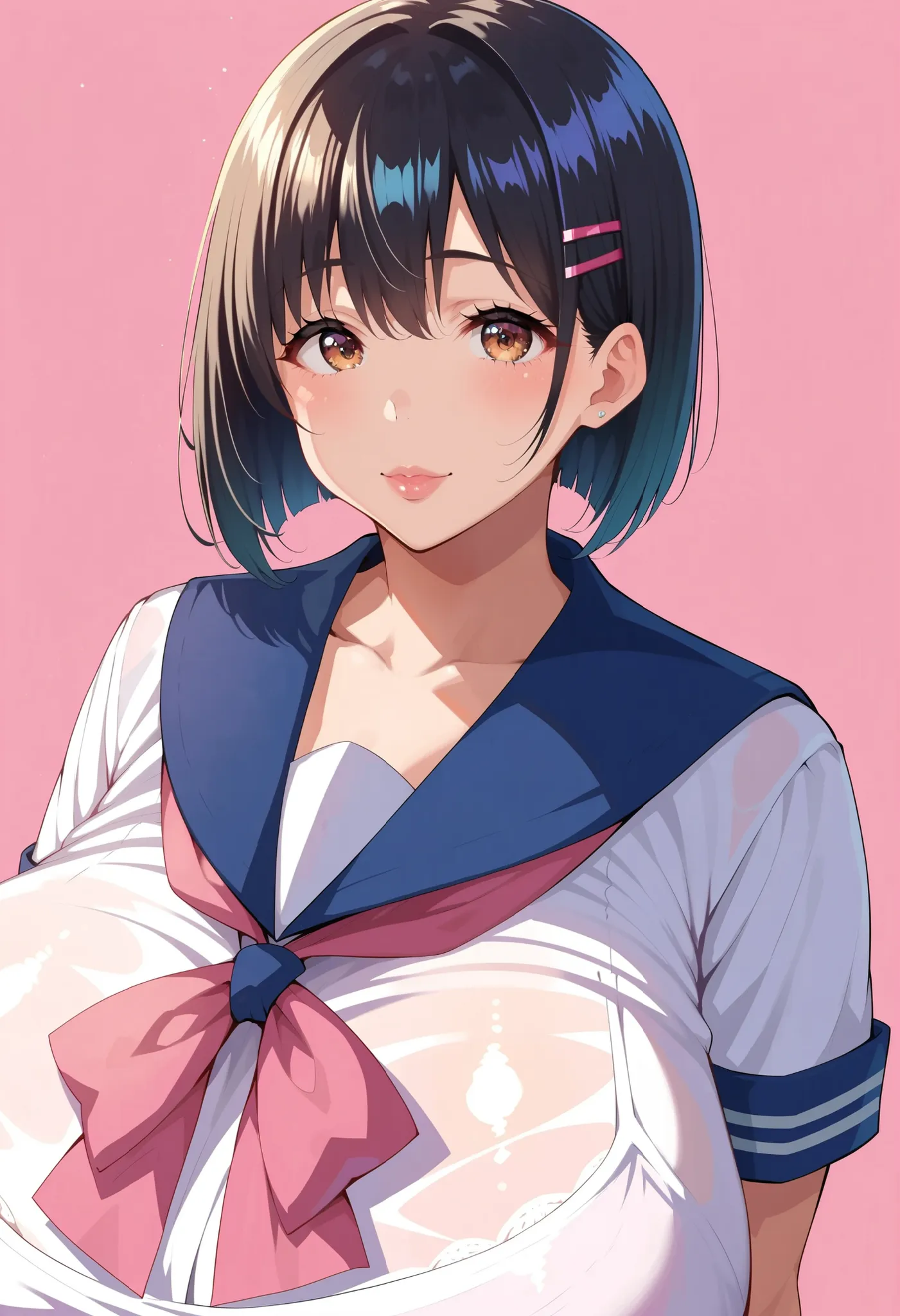(masterpiece, details, Highest Quality, 8K, realistic, absurd:1.2), A high school girl with 12, Japanese woman, 1 high school girl, plump body type, Beautiful Character Designs, Plain face, (black hair, bob cut), (big eyes:1.1), 美しくdetailsな目の描写, expressive...