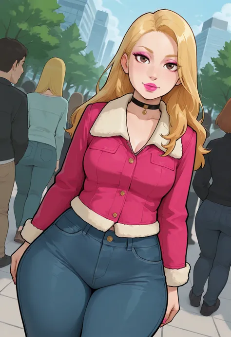 Francine Smith, looking at viewer, pink lipstick, choker, Blonde hair, medium breasts, huge hips. long hair.| trimmed jacket , tsirt . jeans , cowboy shot , dutch angle , public indecency , nonchalant , solo focus
