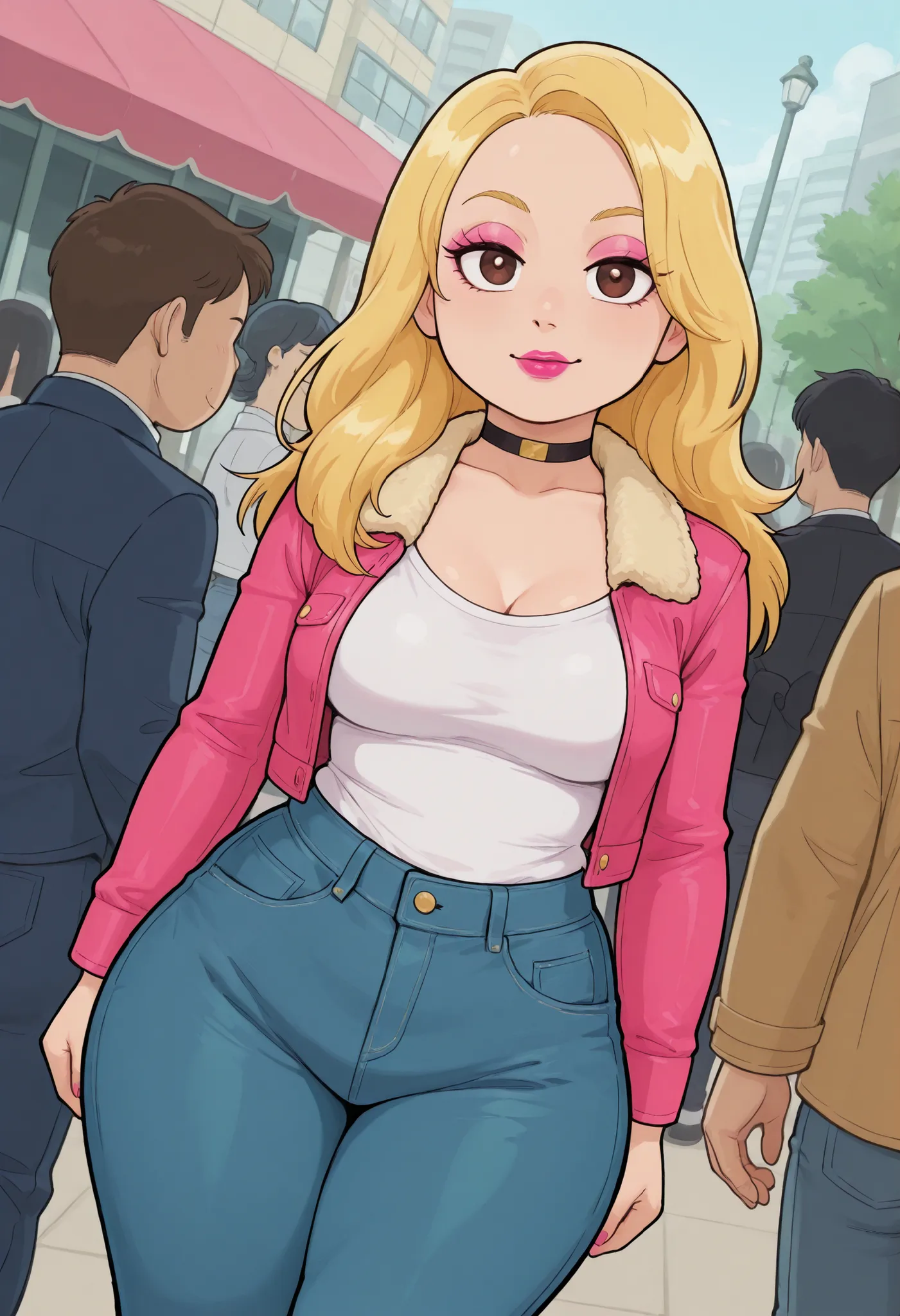 Francine Smith, looking at viewer, pink lipstick, choker, Blonde hair, medium breasts, huge hips. long hair.| trimmed jacket , tsirt . jeans , cowboy shot , dutch angle , public indecency , nonchalant , solo focus