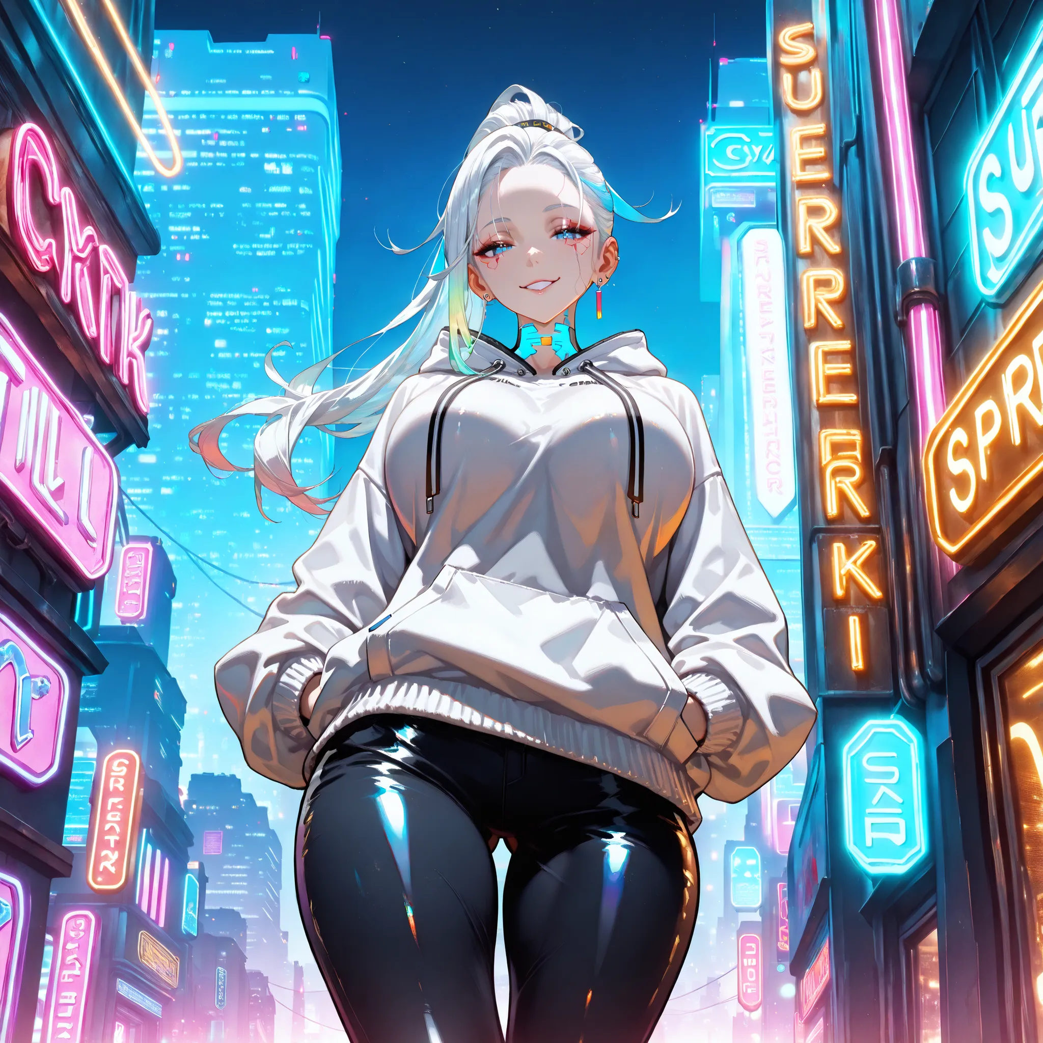 (SuperQuality:1.0) ~ (SuperQuality:1.2), detailxl, 1girl, Solo, High Resolution, Best Quality, High Details, Super Detailed, Cyberpunk City, Long Hair, Pixie hairstyle, White Hair, Blue eyes, Large breasts, Earrings, White Oversize Hoodie, walking through ...