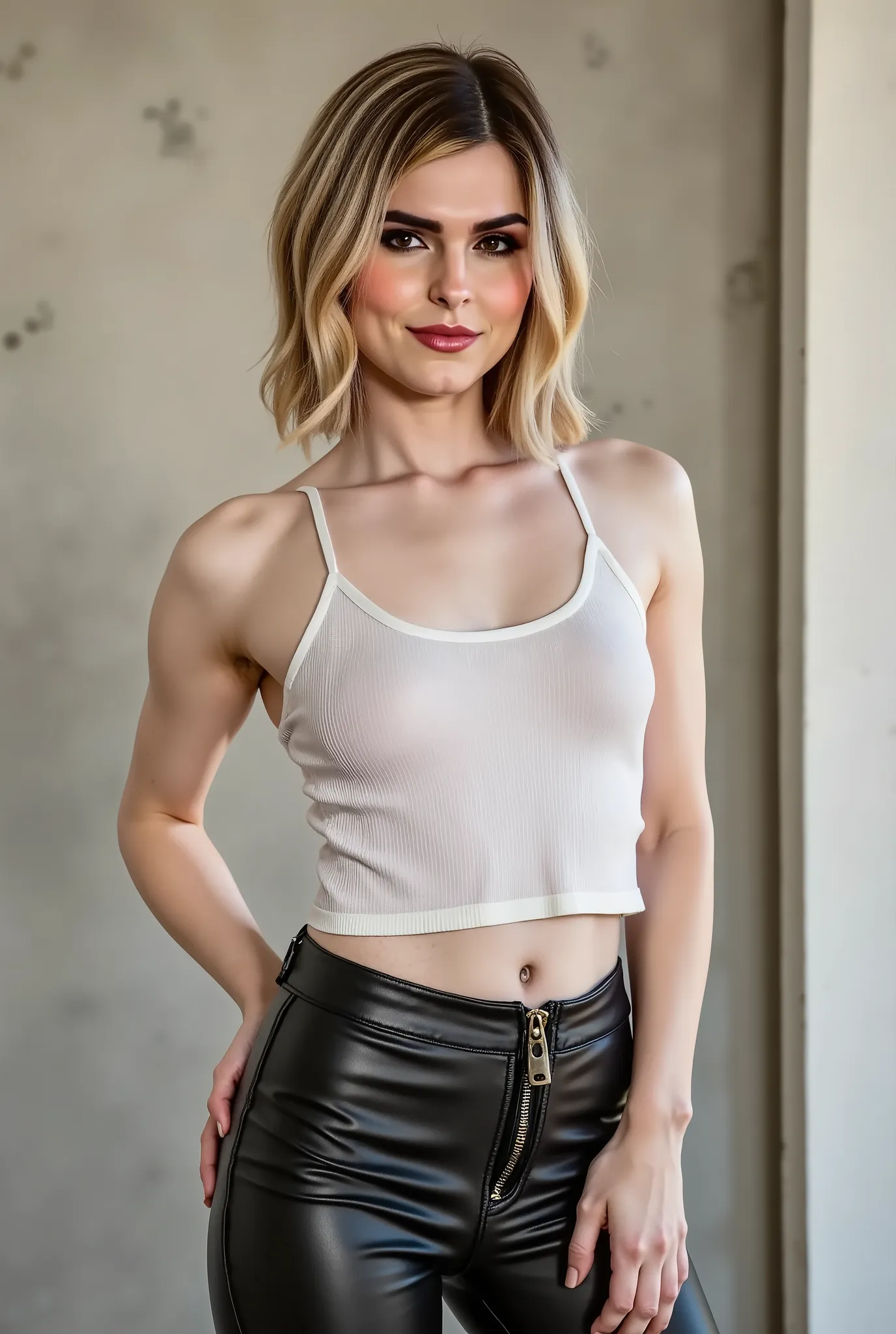 arafed woman wearing a white tank top and leather pants, happy, smiling, sexy, neutral concrete background, head straight, flirting with the viewer