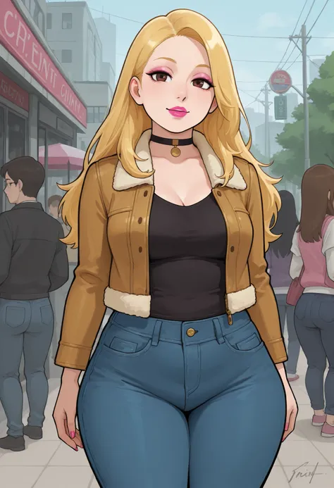 Francine Smith, looking at viewer, pink lipstick, choker, Blonde hair, medium breasts, huge hips. long hair.| trimmed jacket , tsirt . jeans , cowboy shot , dutch angle , public indecency , nonchalant , solo focus
