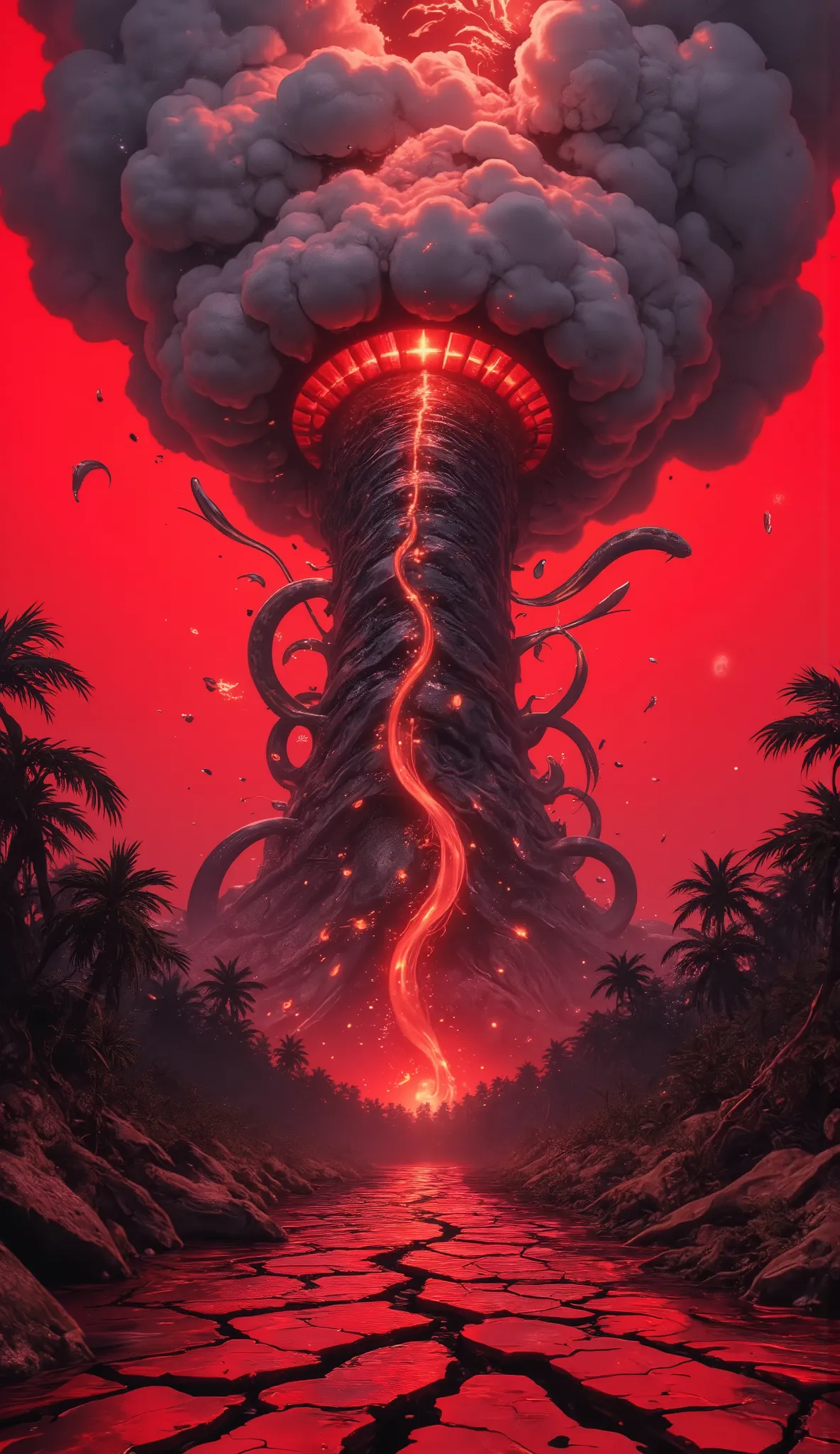 A single monstrous entity, its neck a hollow, tube-like structure, plunges from the clouds into the heart of a crimson jungle. Its head is a fleshy vortex, sucking entire rivers upward into its body, filtering nutrients through miles of internal tendrils. ...