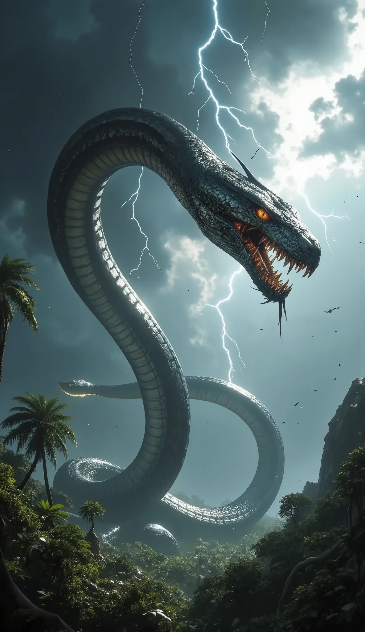 A solitary, serpentine colossus slithers through the sky, its body coiled among thunderheads. Its neck—smooth and scaled like polished obsidian—rises miles into the stratosphere, its fanged maw silently inhaling entire storms. Lightning flickers between it...