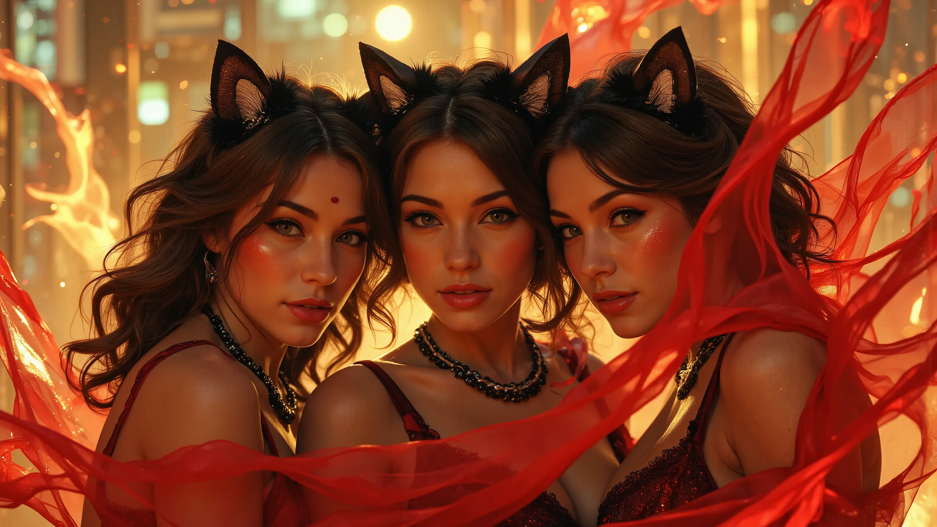 Three sultry mystical succubi emanating an aura of burning lust, wearing a sexy reddish latex outfit, in a Kinetic Sand Temporal Flux style, where the passage of time is captured in the fluidity of sculpted sand. Fleeting shapes are illuminated by hints of...