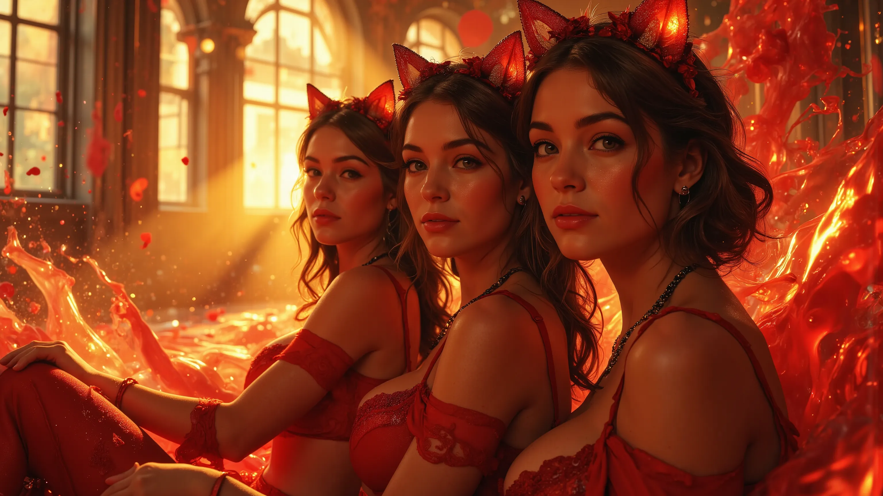 Three sultry mystical succubi emanating an aura of burning lust, wearing a sexy reddish latex outfit, in a Kinetic Sand Temporal Flux style, where the passage of time is captured in the fluidity of sculpted sand. Fleeting shapes are illuminated by hints of...
