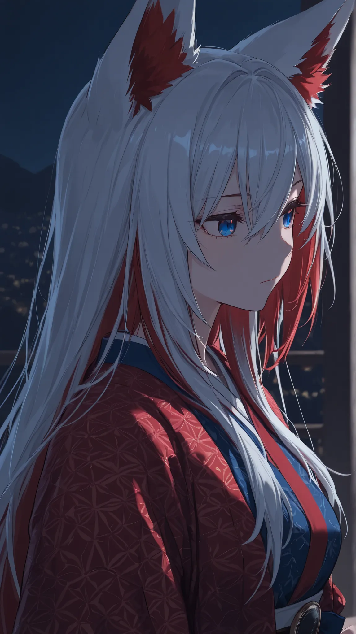 1 girl,fox ears, red and blue eyes ,Shining Eyes,white hair,red hair,hair between eyes,closed mouth,multicolored hair,red beard pattern,upper body,watch viewers,from the side,of, night , dark,masterpiece,