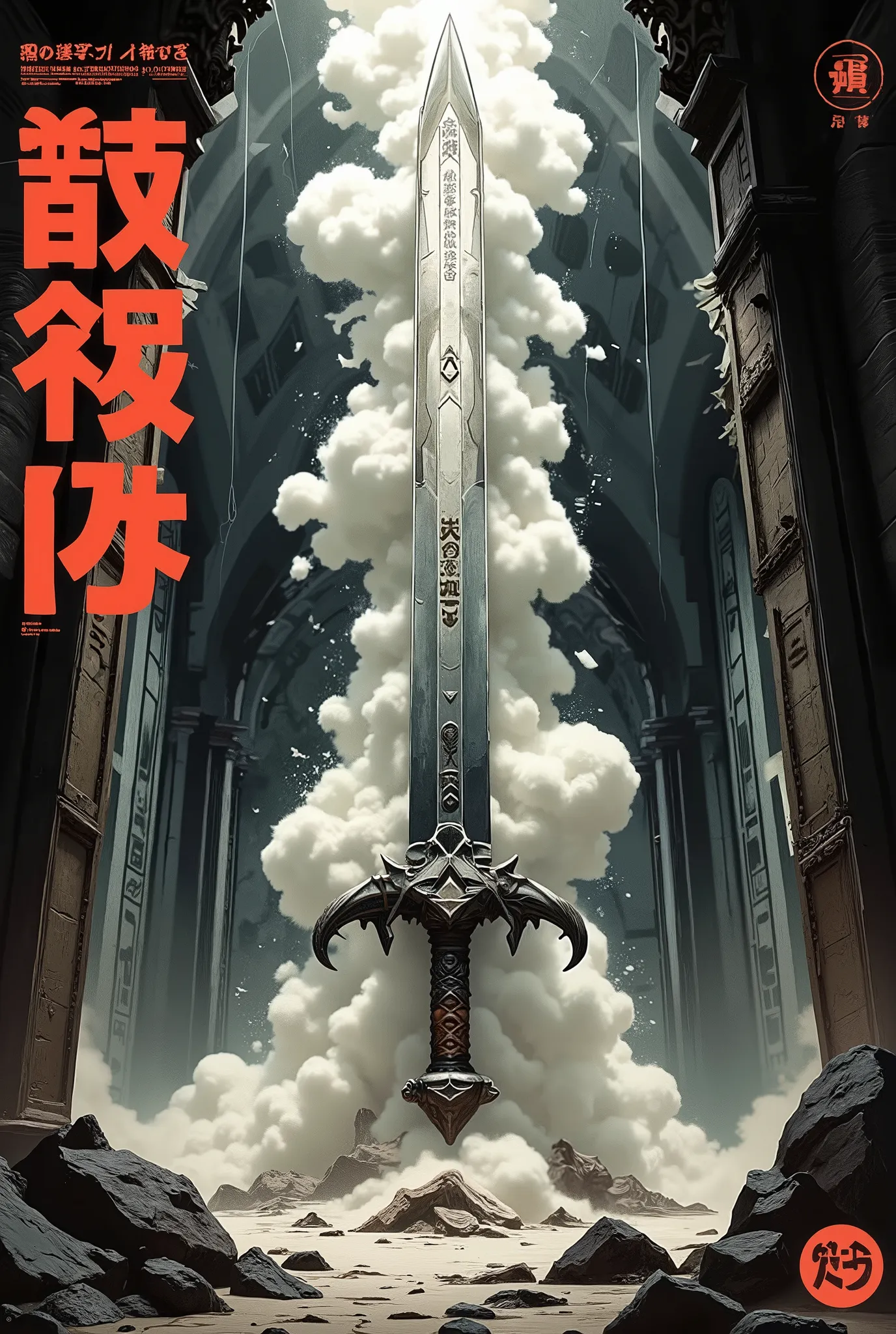 Japanese Manga style Poster with bold large fonts and graphics, A lovecraftian fantasy image showing a crude greatsword as the focus of attention, depicted at a dramatic angle. The massive Claymore appears to be enveloped in an opaque cloud of sand surroun...