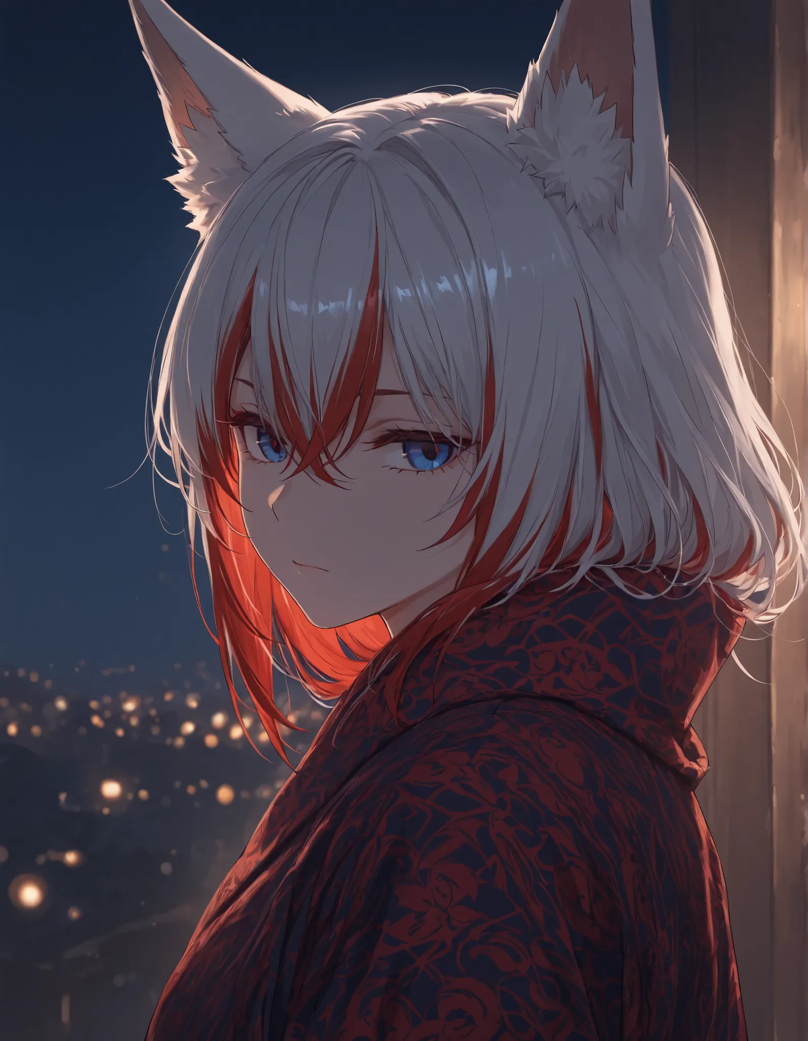1 girl,fox ears, red and blue eyes ,Shining Eyes,white hair,red hair,hair between eyes,closed mouth,multicolored hair,red beard pattern,upper body,watch viewers,from the side,of, night , dark,masterpiece,