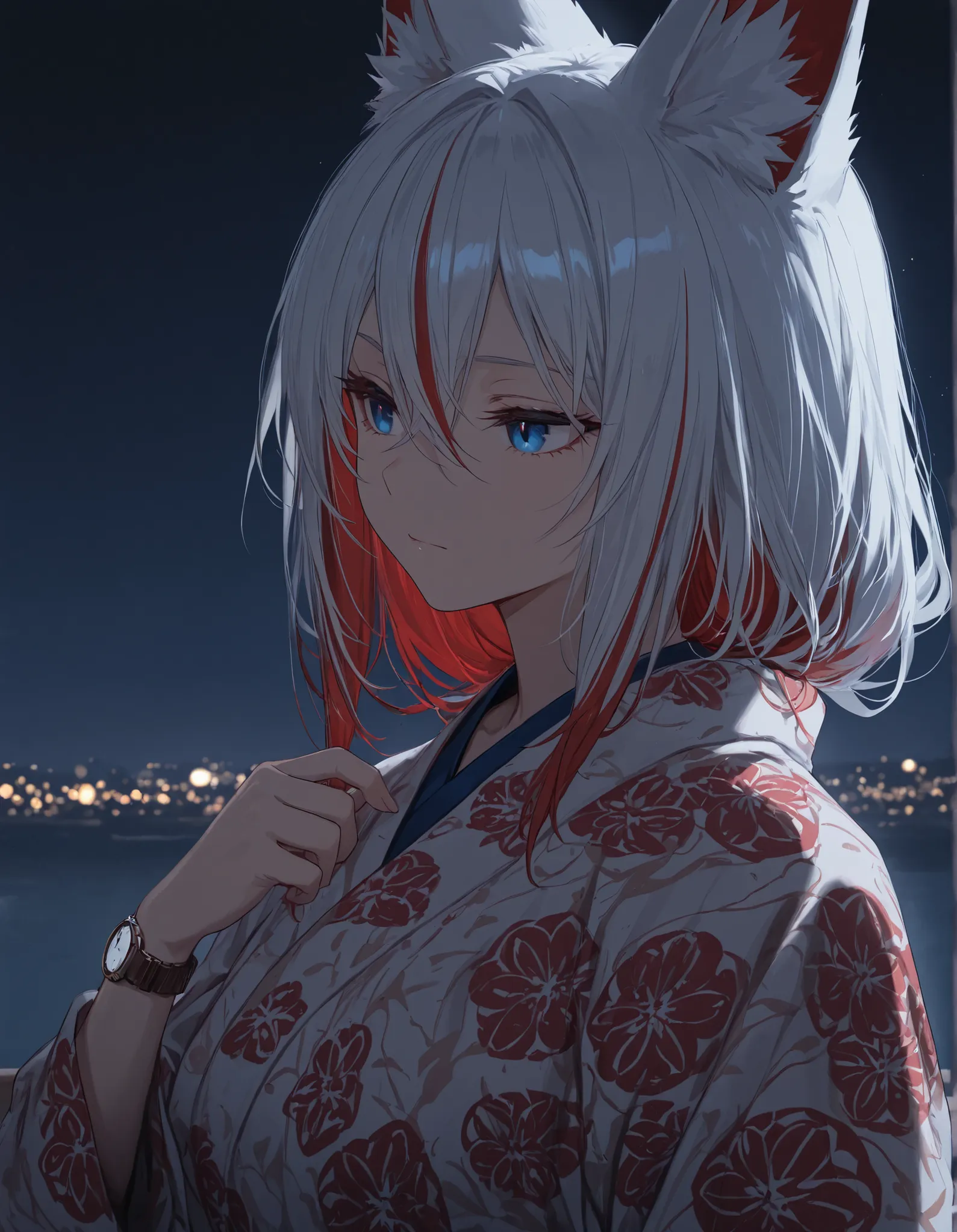 1 girl,fox ears, red and blue eyes ,Shining Eyes,white hair,red hair,hair between eyes,closed mouth,multicolored hair,red beard pattern,upper body,watch viewers,from the side,of, night , dark,masterpiece,