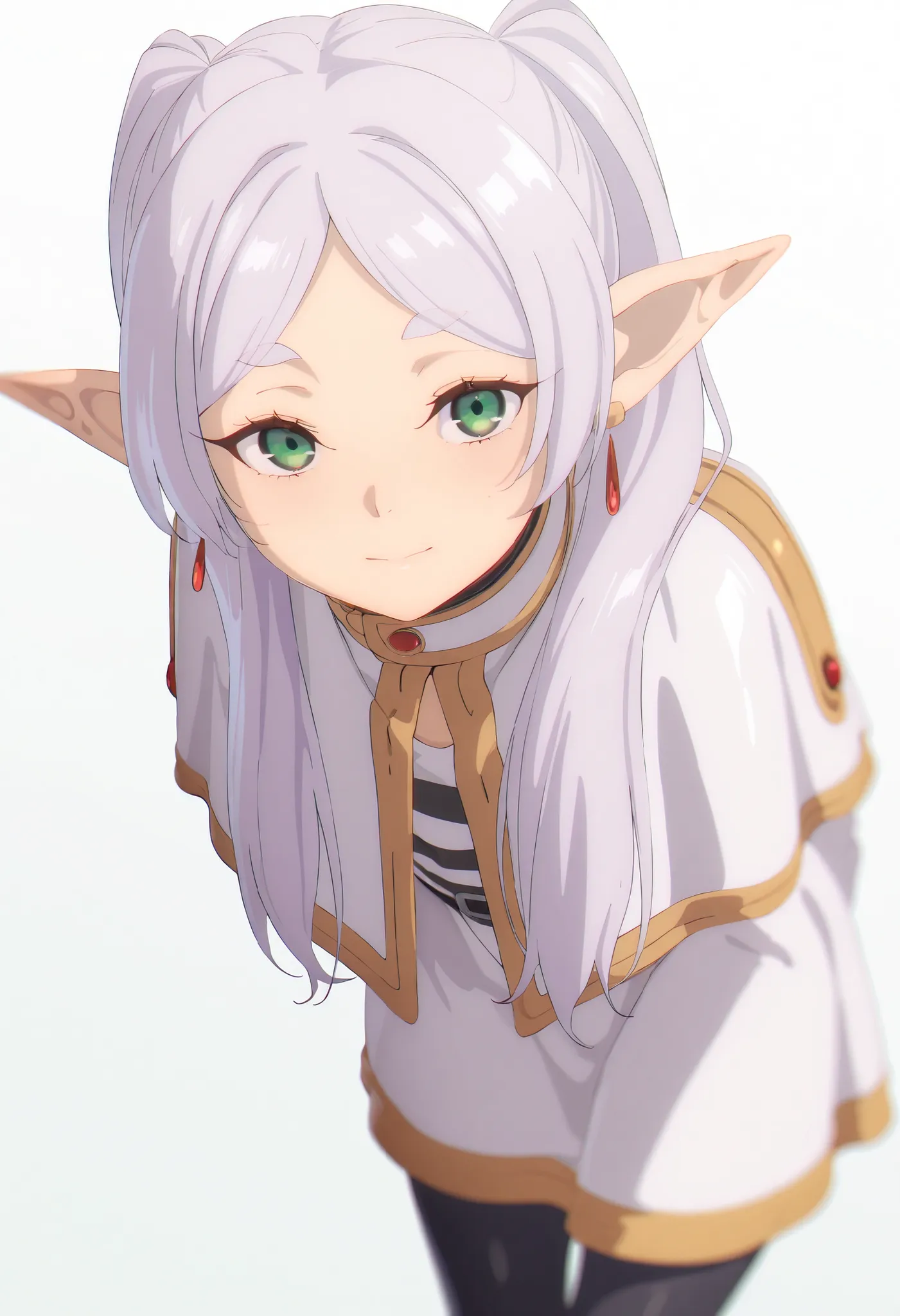 (masterpiece, best quality, high quality, highres, ultra-detailed), solo, 1girl, zzFrieren, long hair, twintails, green eyes, grey hair, pointy ears, elf, shirt, long sleeves, jewelry, earrings, striped, capelet, striped shirt, white skirt, black pantyhose...