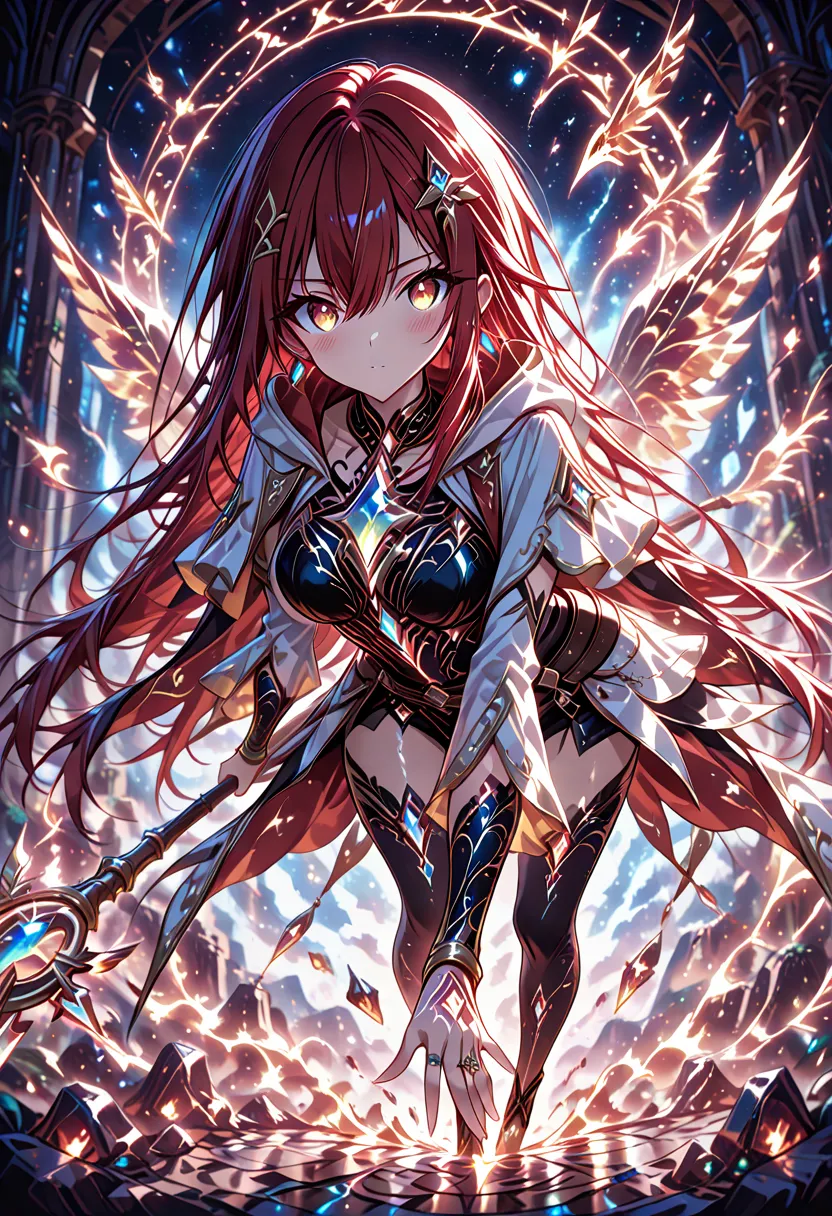 , ((anime coloring:1.5)) , ,ruined crystal temple, holding staff with blue gem, body length wooden staff, leaning forward, streched one arm and casting spell, glowing magic shield in front of the girl mage's hand, see-through energy shield, glowing rune on...
