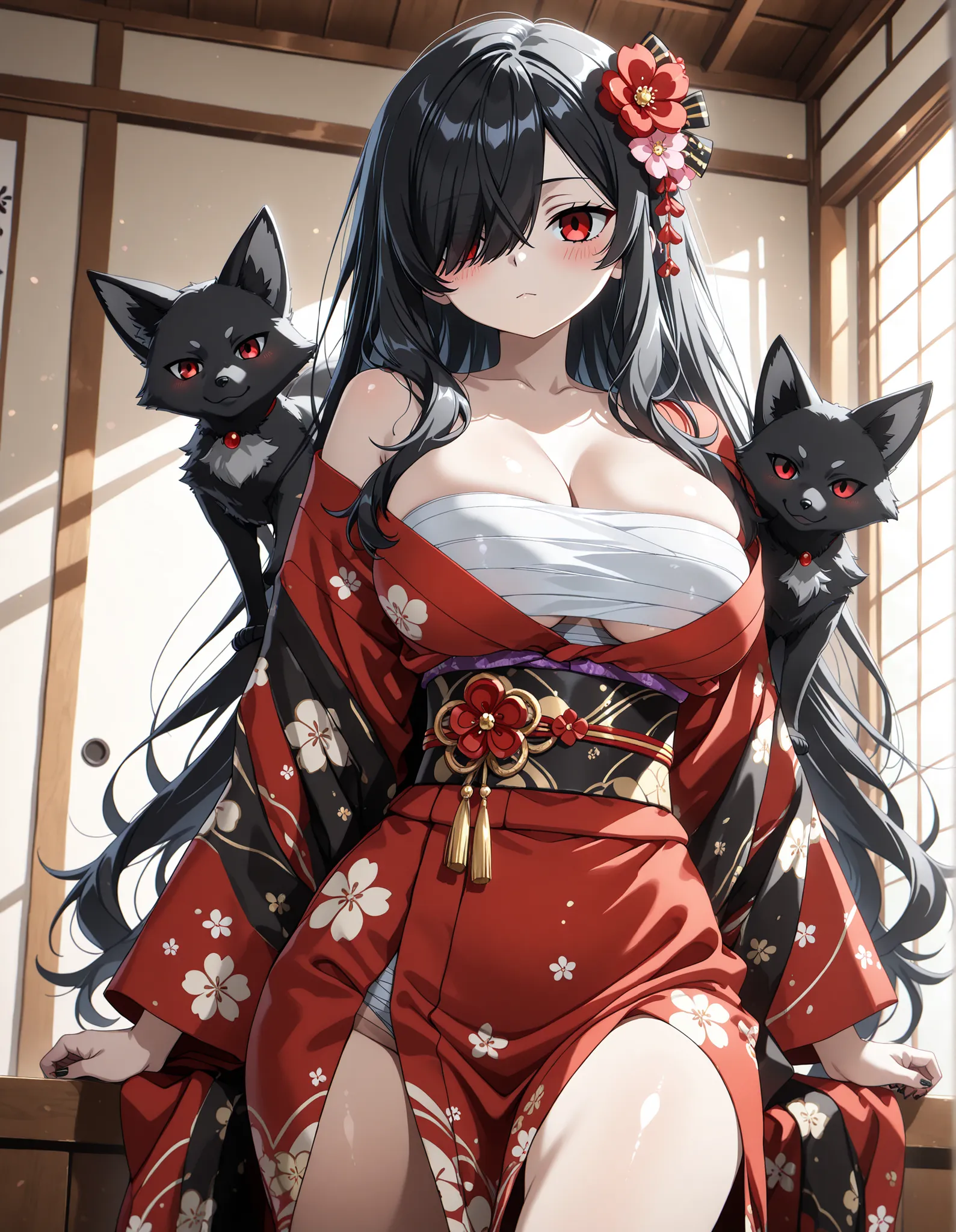 1girl, Kuroki Monika, black hair, very long hair, hair over right eye, red eyes, large breasts, (petite but curvy, very cute), kimono, sarashi, japanese clothes, flower, black nails, blush, black fox with red eyes on her shoulder , black fox, hair flower,...
