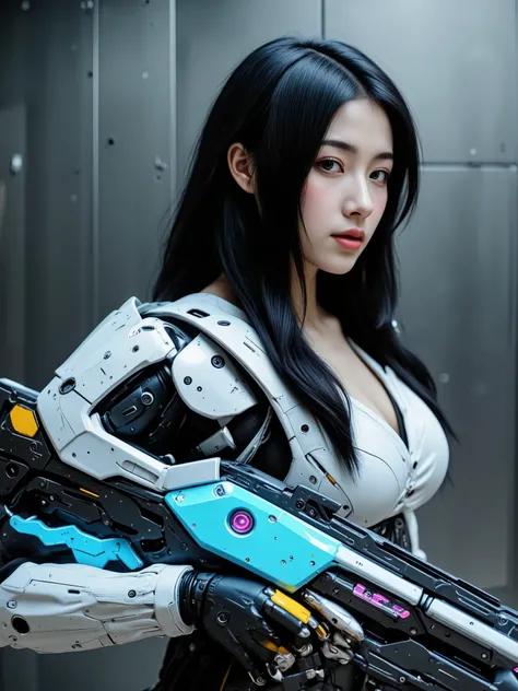 A cute Japanese woman with long black hair wearing a white form-fitting futuristic exoskeleton suit with glowing blue accents stands against a metallic background. She carries a large chrome railgun across her right shoulder. Her face shows a gentle expres...