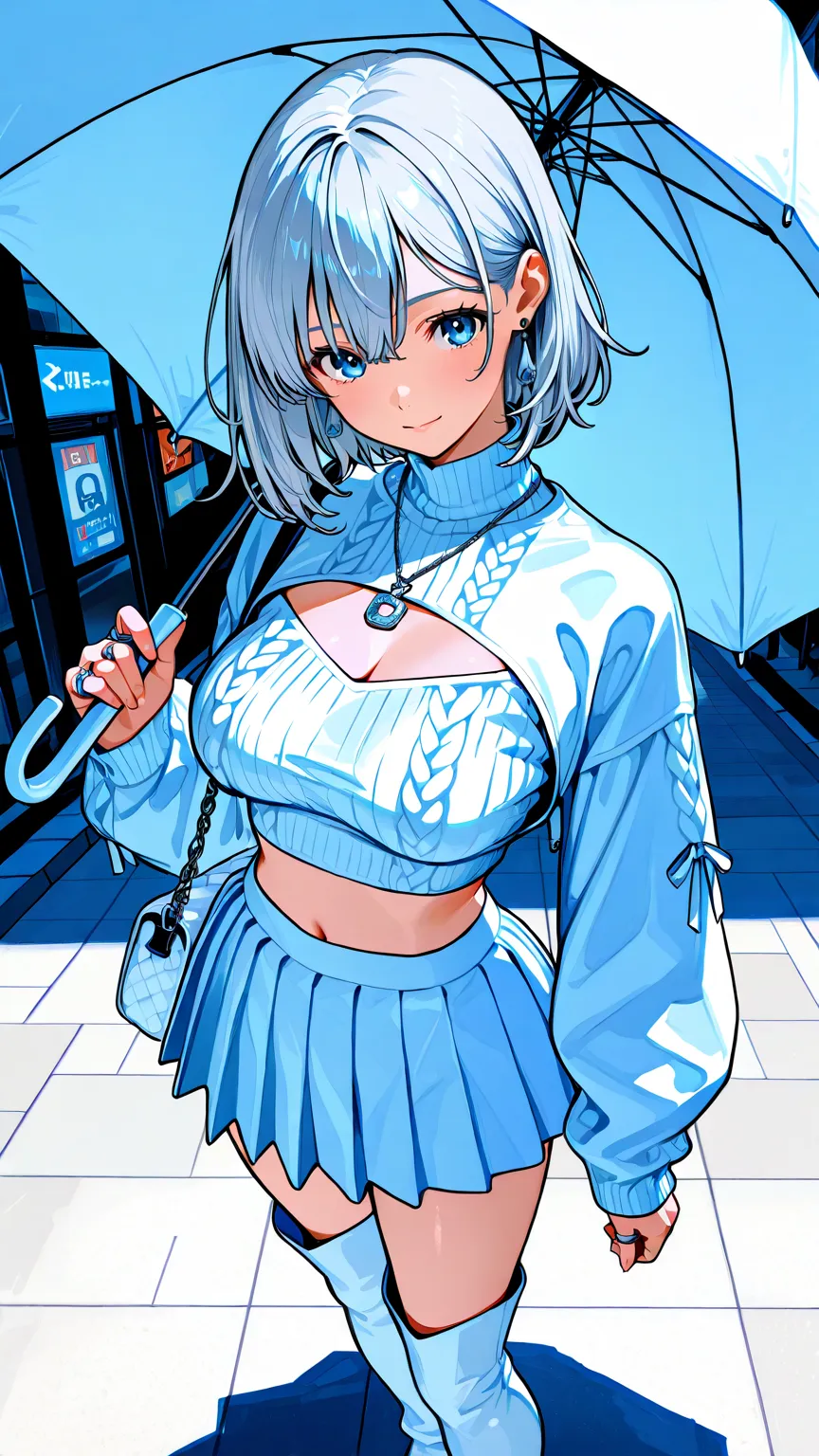 Noble Simple High Brand Shinjuku Girl,Princess Japanese Face with Attention to Details,Cute Is the Silver Eye of Justice,tall,(163cm:1.1),24 years old,BREAK Beautifully Shaped Breasts,slender body,constricted,My toes are long ,Smooth Skin,Fair skin,Girl with White Silver Hair,Simple medium hair,BREAK (outer simple pastel white short cropped jacket),(Pastel white lacy knit shirt),pastel white silk pleated skirt,BREAK (casual pastel white jockey long boots that follow the body line),(Chanel style high brand bag),Platinum Earrings,Gothic Made with Multiple Rings Cross Silver Necklace,parasol,BREAK (Shinjuku, Shinjuku-ku, Tokyo３Kome ３７Background:1.3),(How to stand gracious),BREAK angle of view from head to chest,throw,rimlight on chest,(dynamic shadows:0.8),BREAK (God's miracle masterpiece:1.2,BREAK Best high quality,high quality:1.2, Unity 8k )