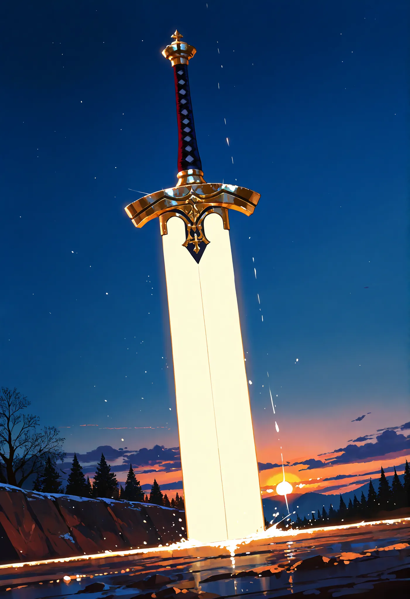 no humans, divine sword, holy sword Excalibur, British Arthurian legend, outdoors, medieval england, holy light pouring down from the heavens, night, moonlit, backlighting, dynamic angle, backlight, extremely detailed, general, masterpiece, best quality, a...